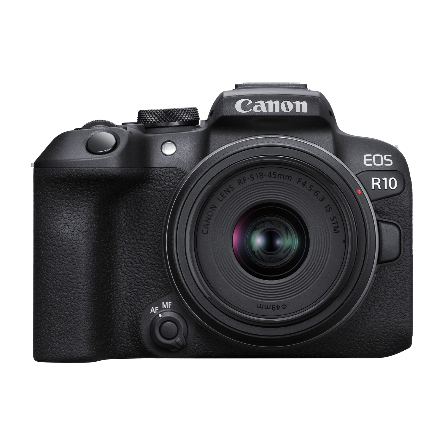 Fotocamera Canon EOS R10 nera con obiettivo.