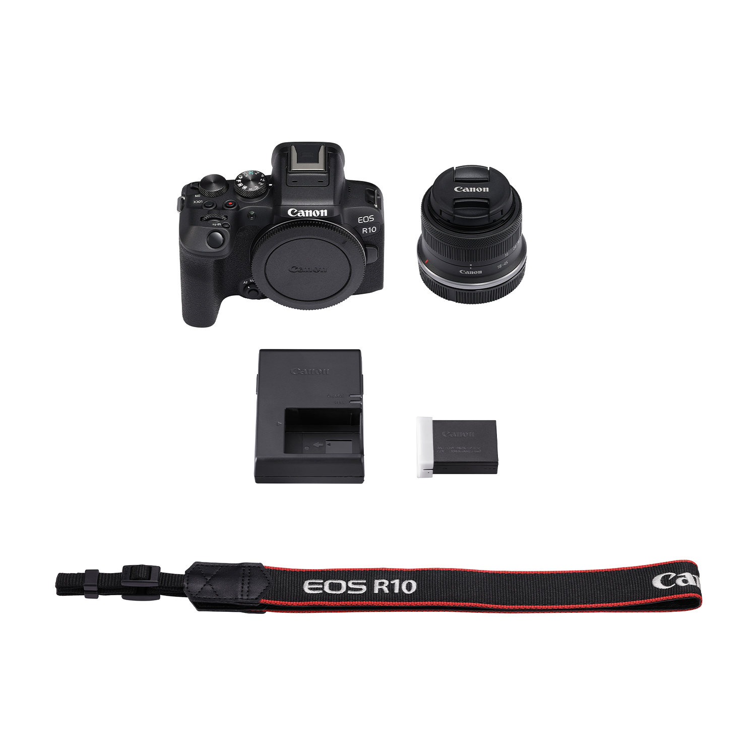 Fotocamera Canon e accessori. Include obiettivo, caricabatterie, batteria e cinghia.