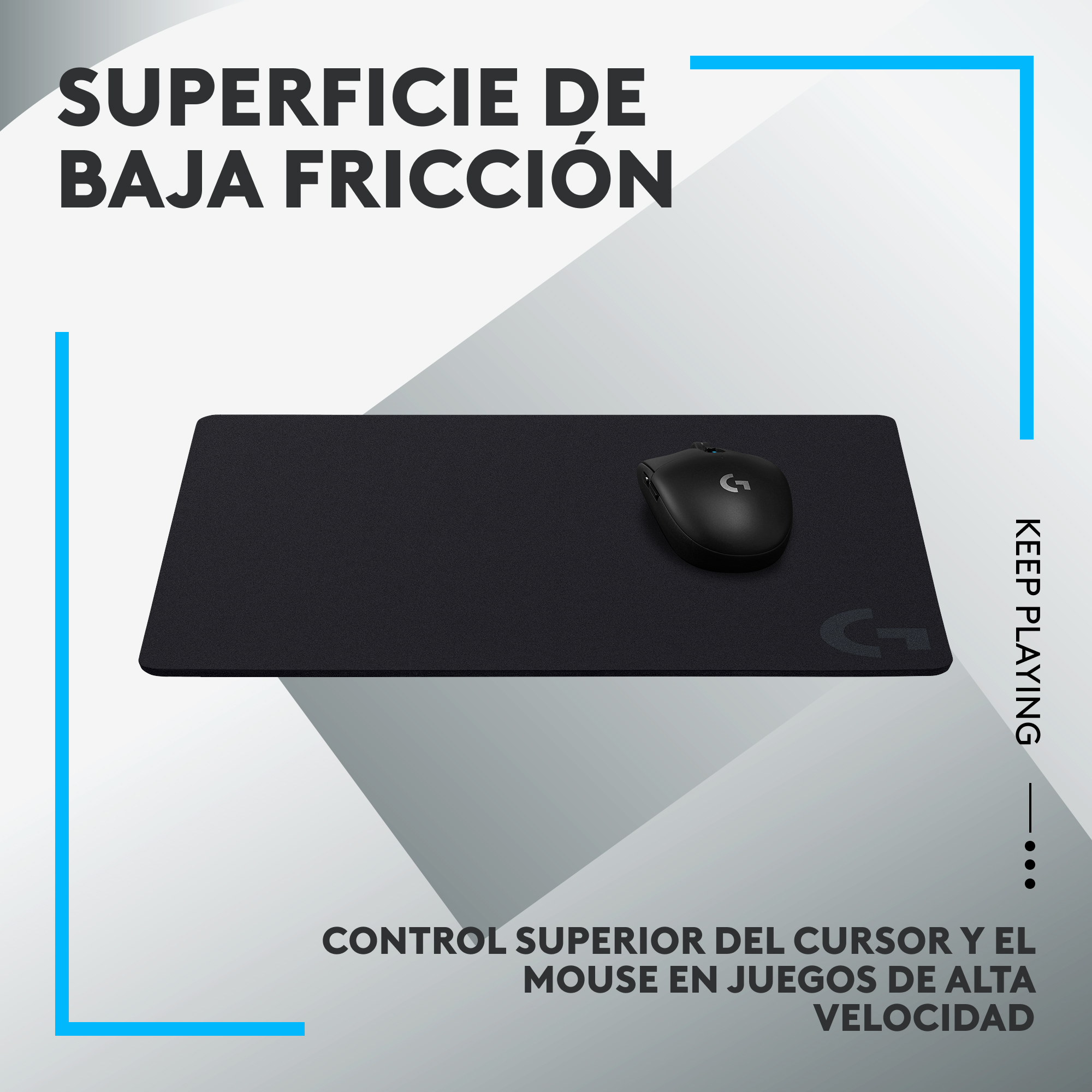 Ratón negro sobre alfombrilla negra con texto. 'Superficie de baja fricción' y 'Sigue jugando'.