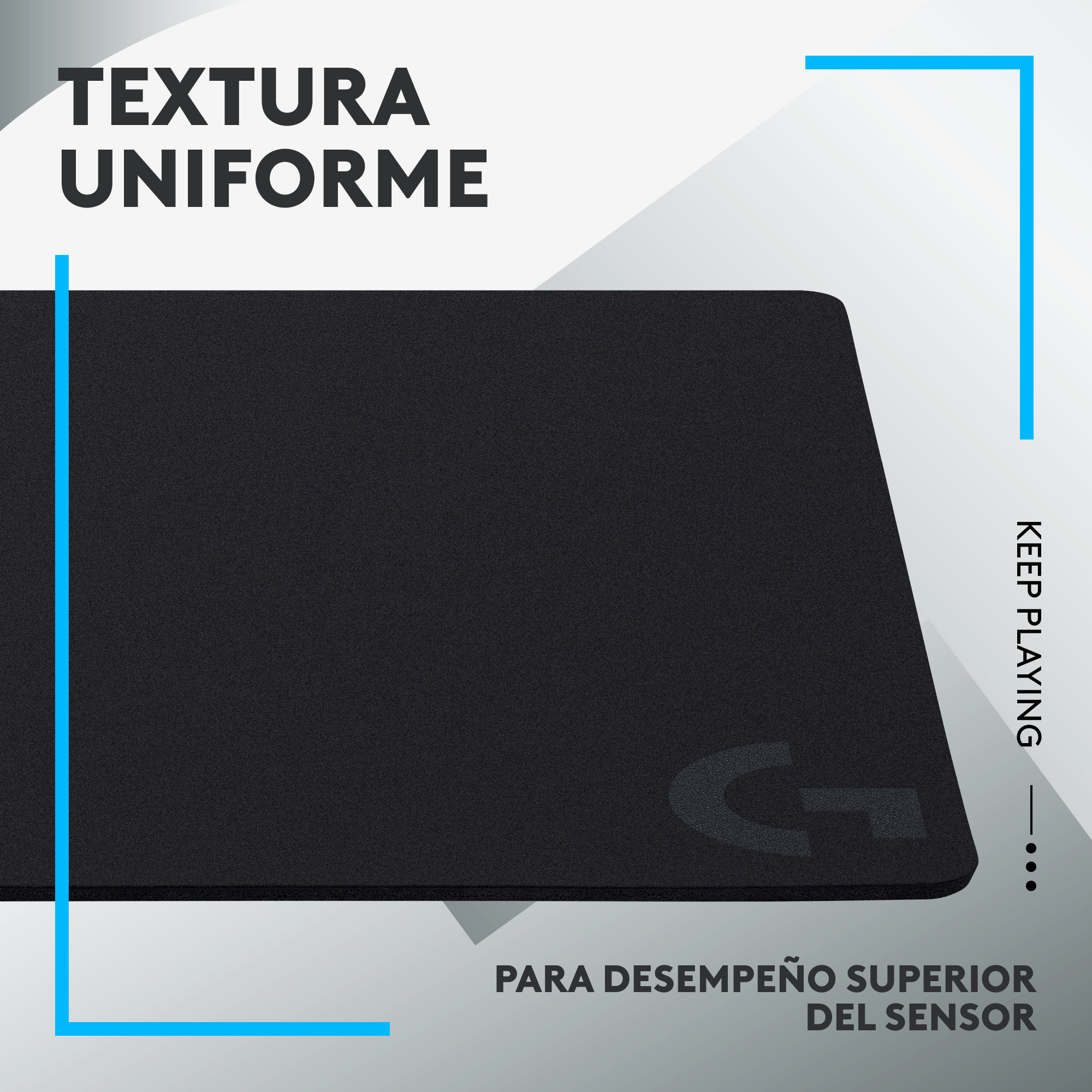 Alfombrilla negra con logo, texto: TEXTURA UNIFORME, y detalles azules. Fondo blanco.