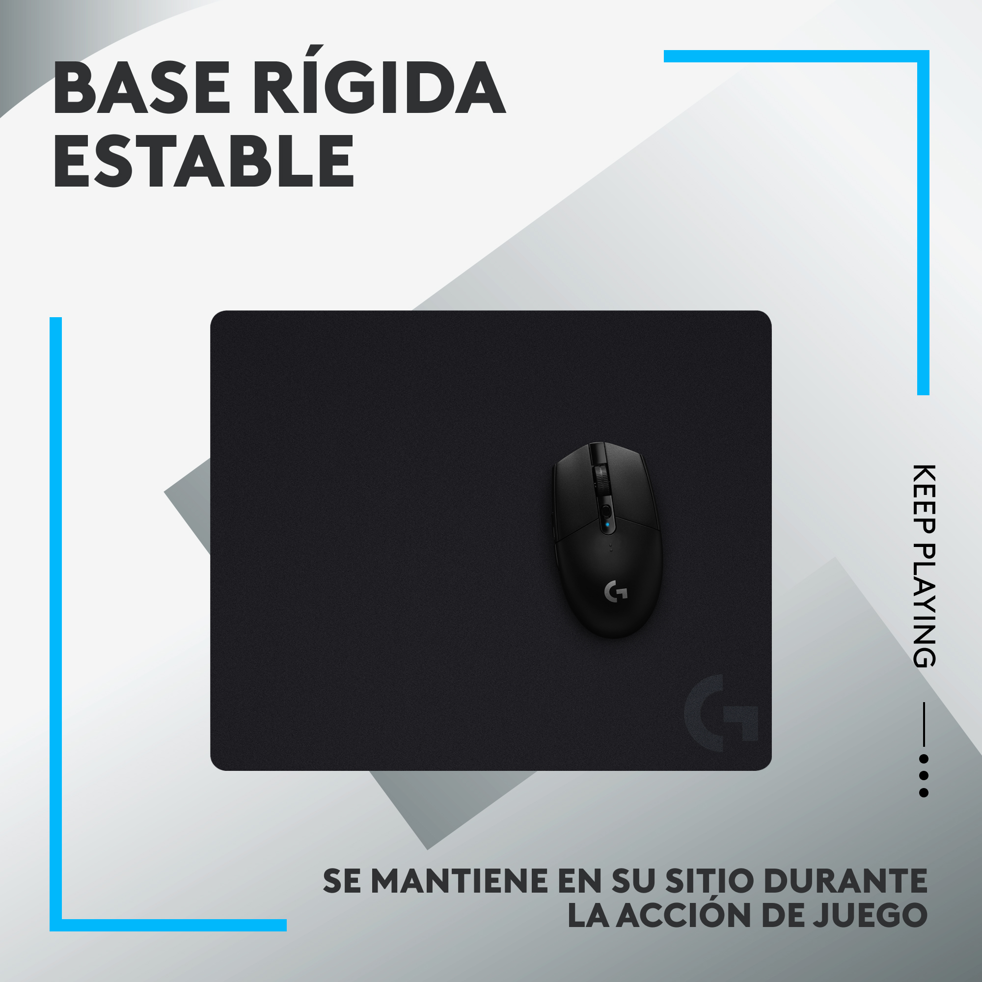 Ratón negro sobre una alfombrilla negra, con texto y líneas azules.