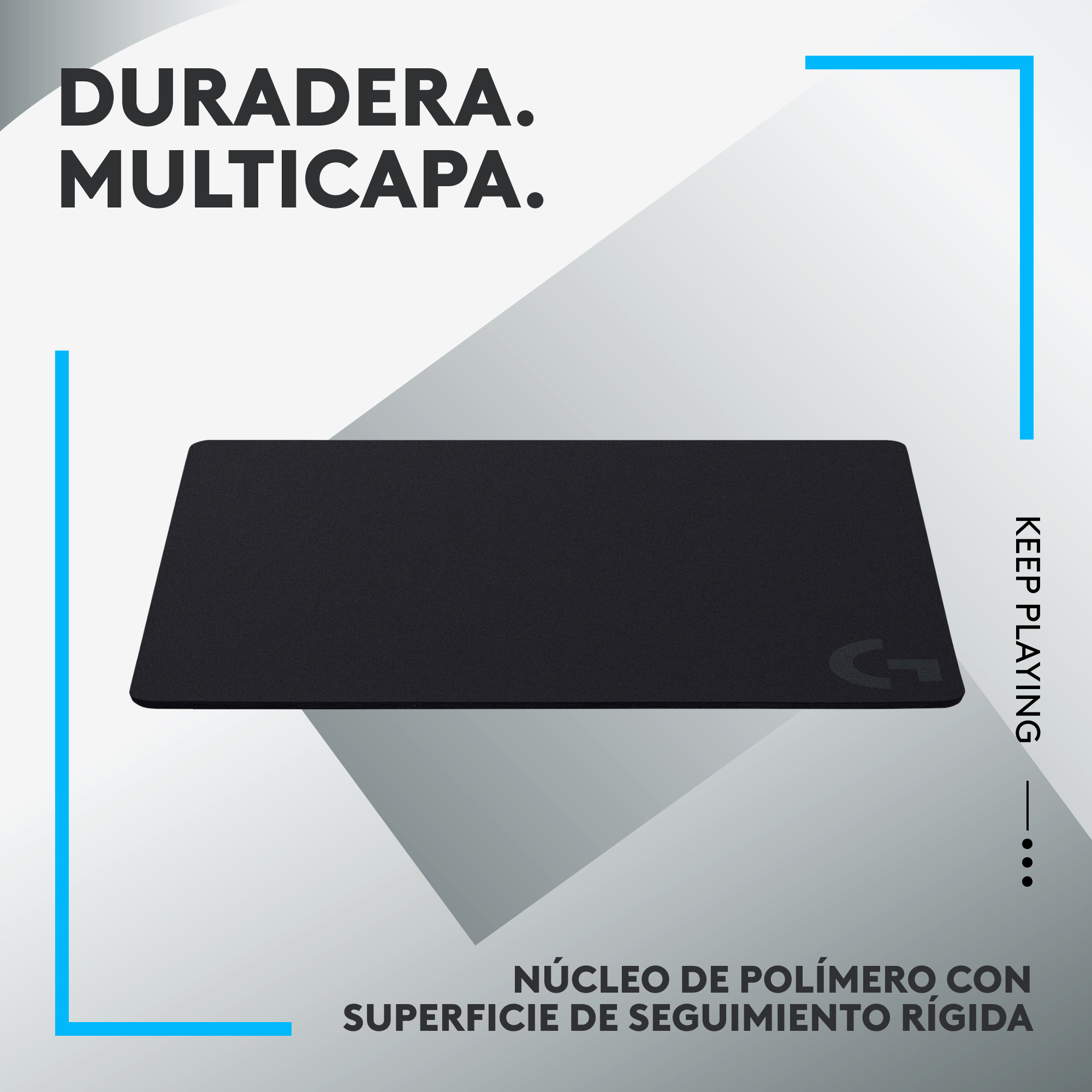 Alfombrilla de ratón negra con marco azul y texto: 'DURADERA. MULTICAPA.' y 'KEEP PLAYING'.