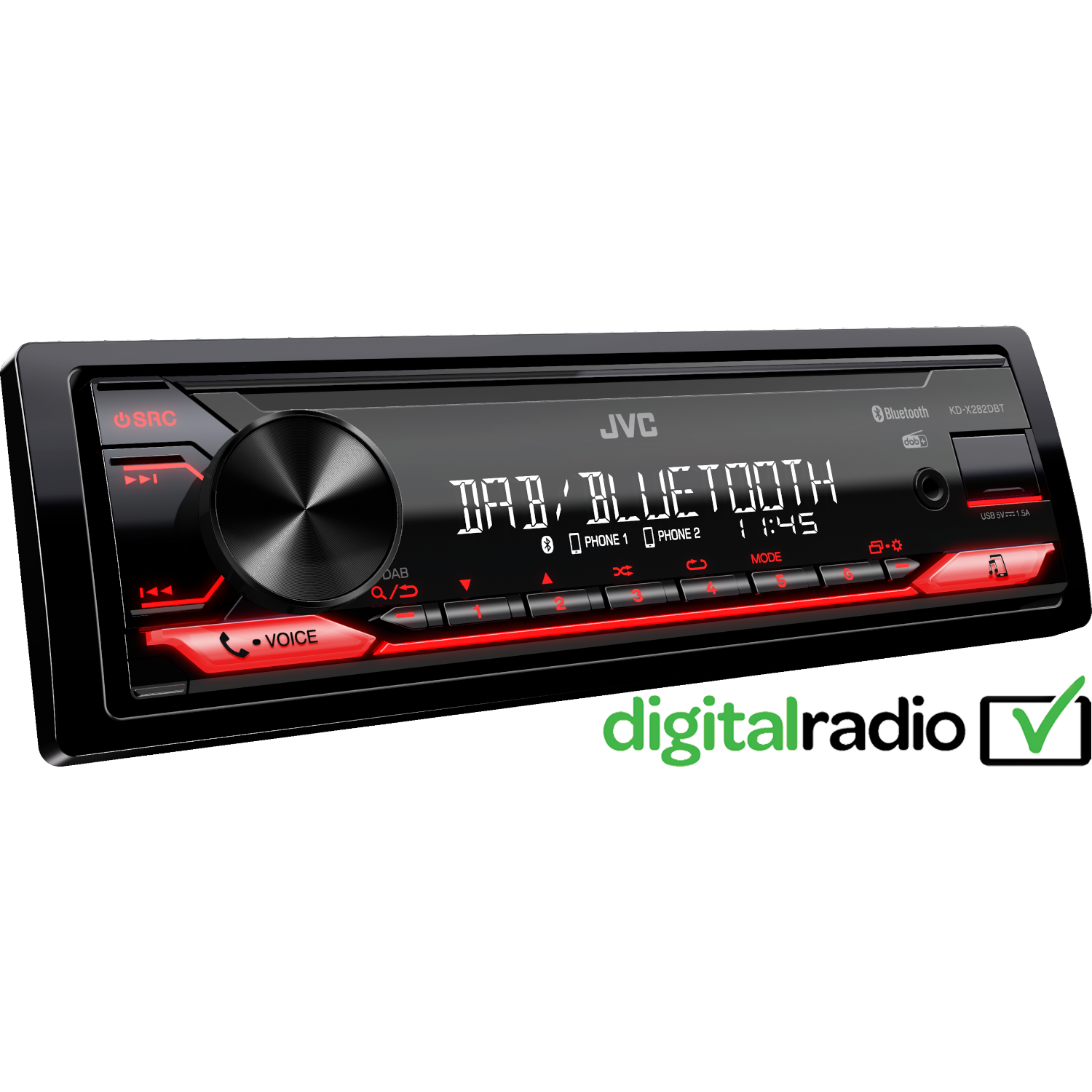 A car stereo with a red and black interface, displaying DAB/Bluetooth and the time.