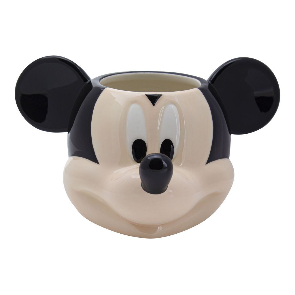 Keramikbecher in Form eines Mickey Mouse-Kopfes. Schwarze Ohren, schwarze Nase und cremefarbenes Gesicht.