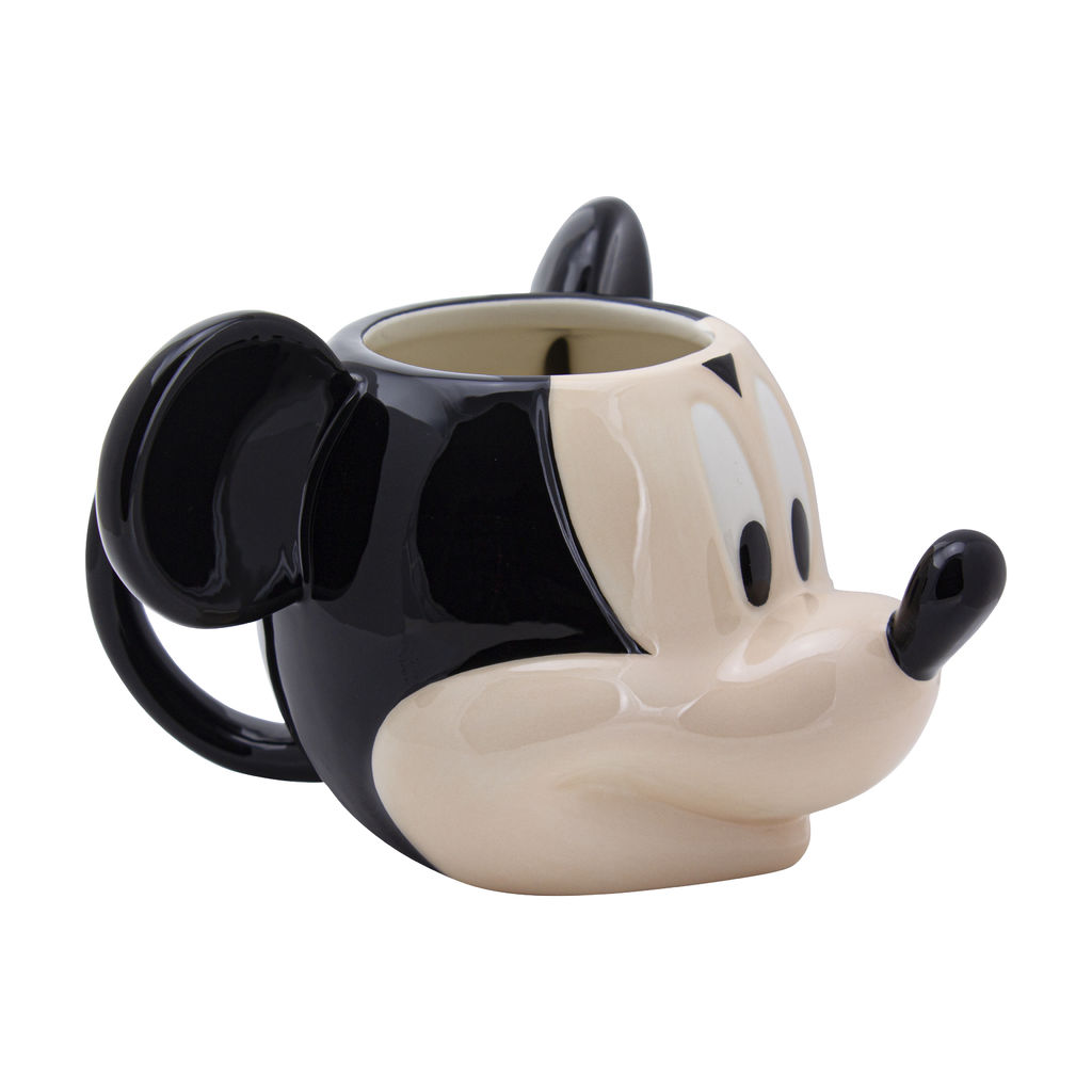 Mickey Mouse-Tasse, schwarz und cremefarben, Seitenansicht zeigt Gesicht, Ohren und Griff.