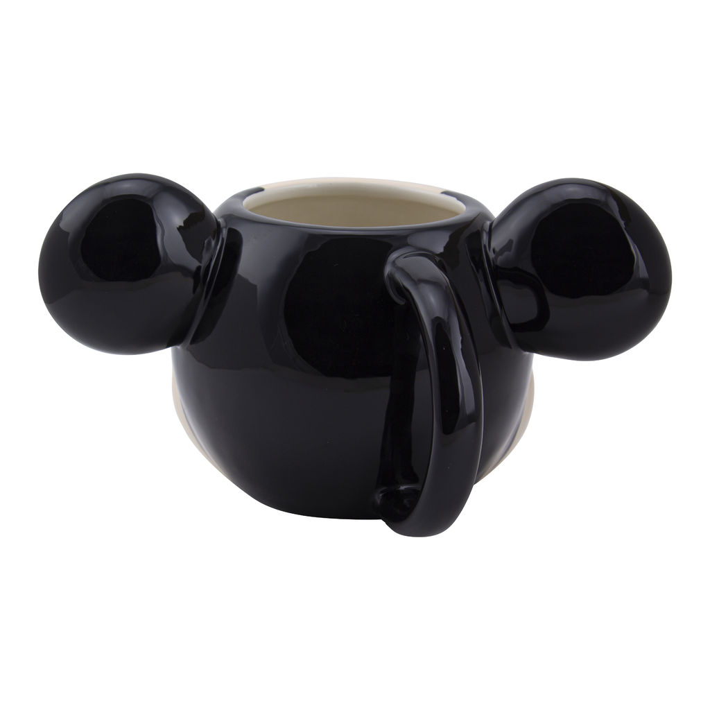 Ein schwarzer Mickey Mouse-Becher mit großen Ohren auf beiden Seiten des Griffs.