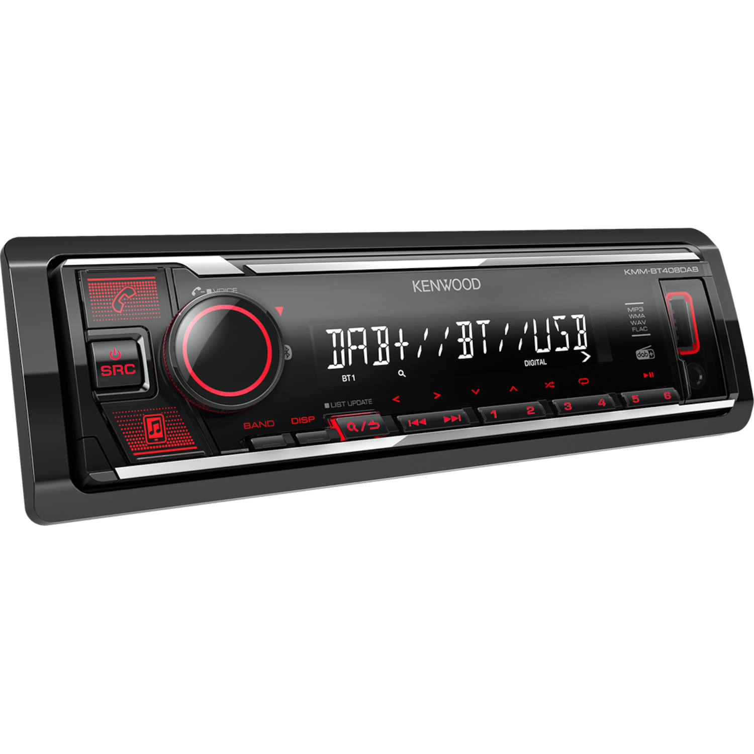 Kenwood car stereo with red accents. Display shows 'DAB+/BT//USB'. Buttons for band, display, and presets.