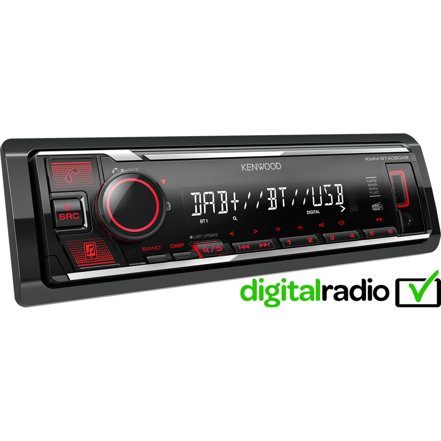 A Kenwood car stereo is black with red accents. It displays DAB+/BT/USB.