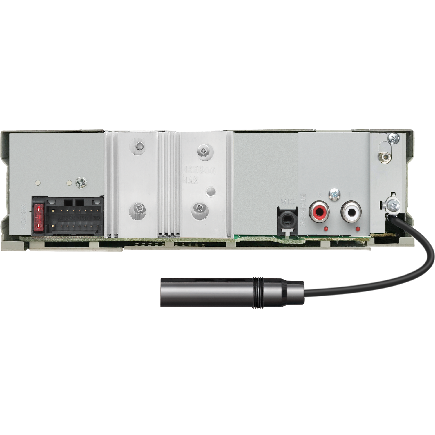 Back view of a car stereo with connectors and a cable.