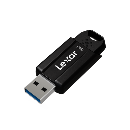Üzerinde marka adı bulunan siyah bir Lexar USB sürücüsü. Arka plan siyahtır.