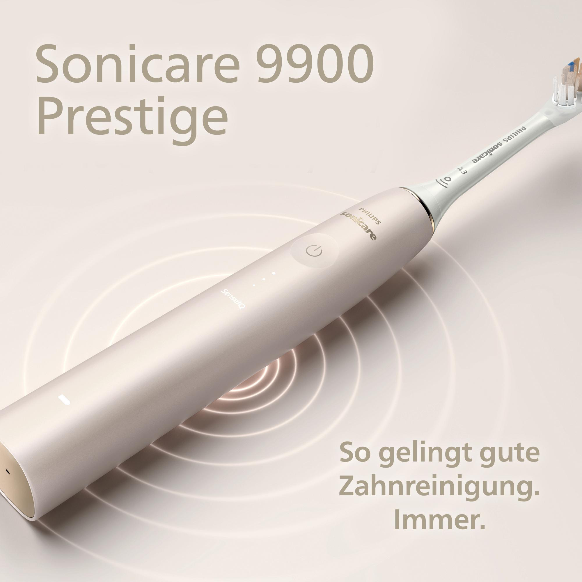 Elektrische Zahnbürste mit Text: 'Sonicare 9900 Prestige' und 'So gelingt gute Zahnreinigung. Immer'.