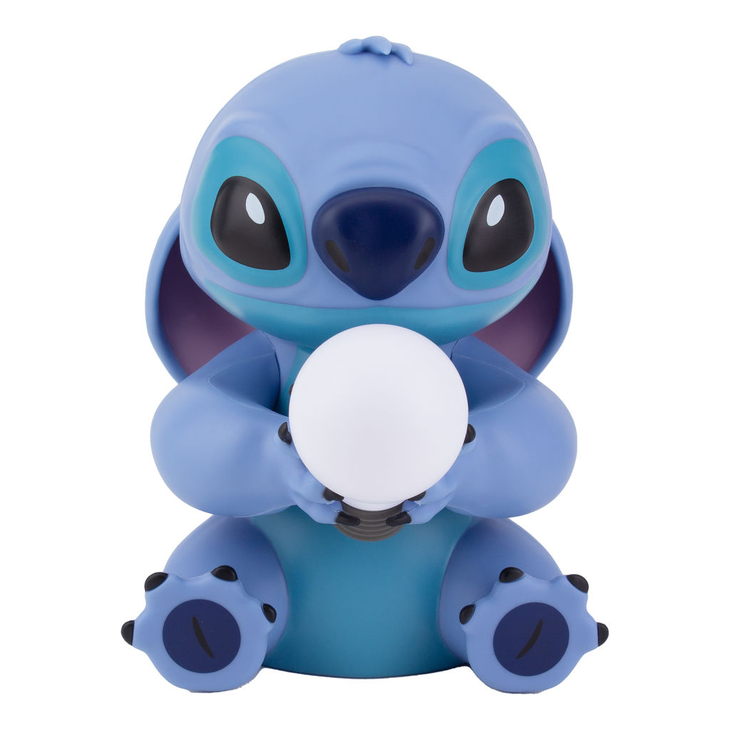 Blaue Stitch-Figur, die eine weiße Glühbirne hält, auf weißem Hintergrund.