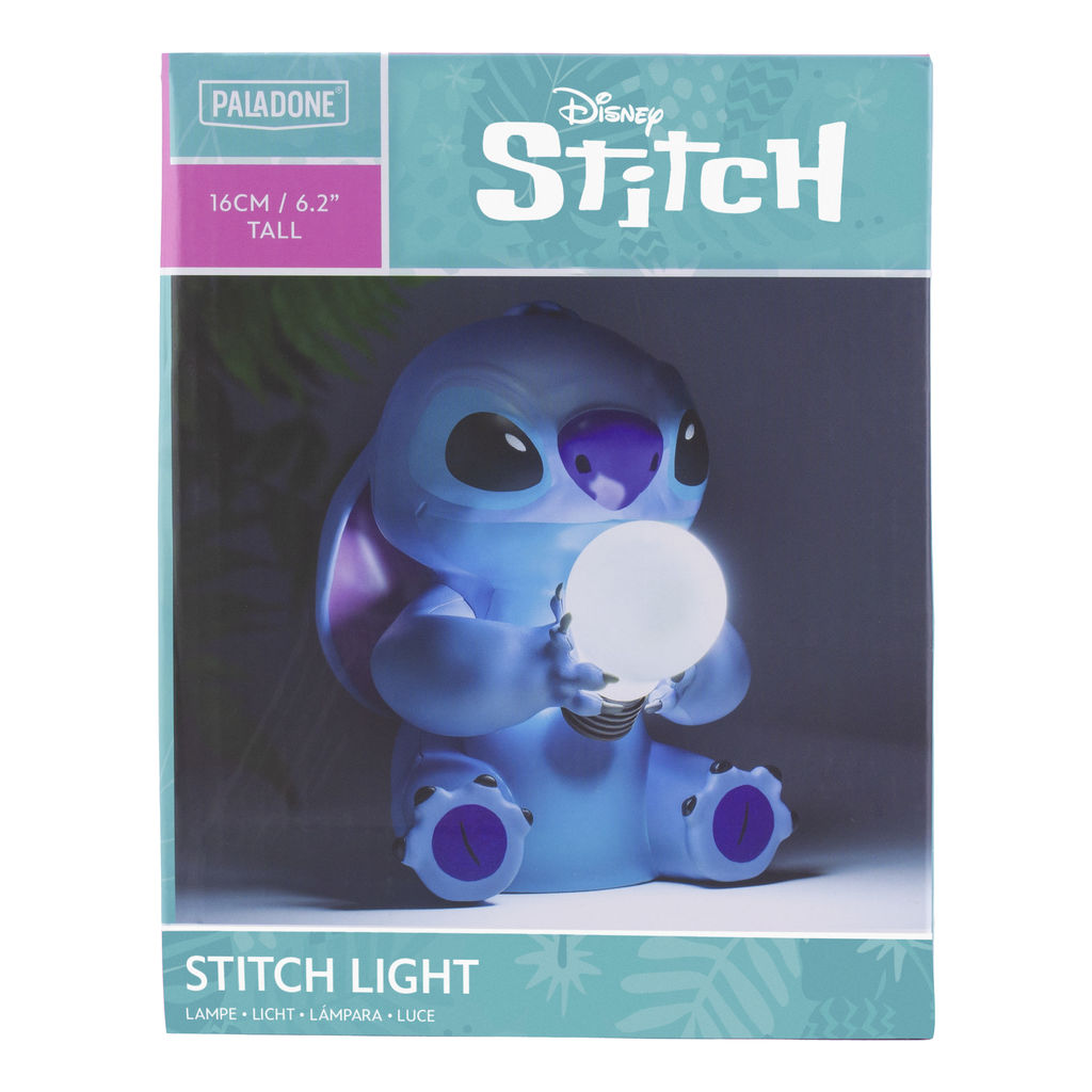 Stitch-Lampenfigur, die eine Glühbirne hält, auf einer Box mit der Aufschrift 'Stitch Light'.