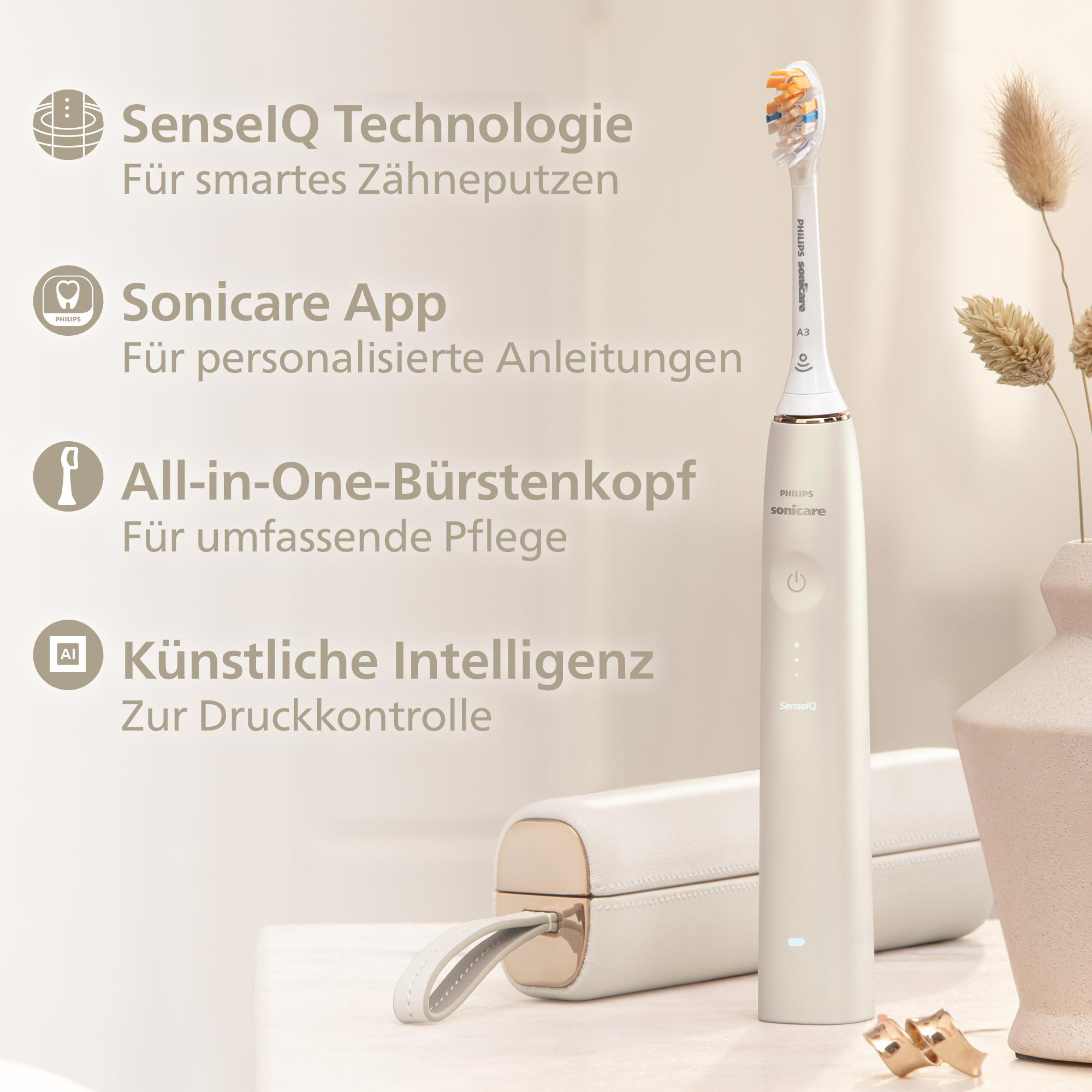 Weiße elektrische Zahnbürste mit Text und Symbolen, die die Funktionen beschreiben, auf weißer Fläche.