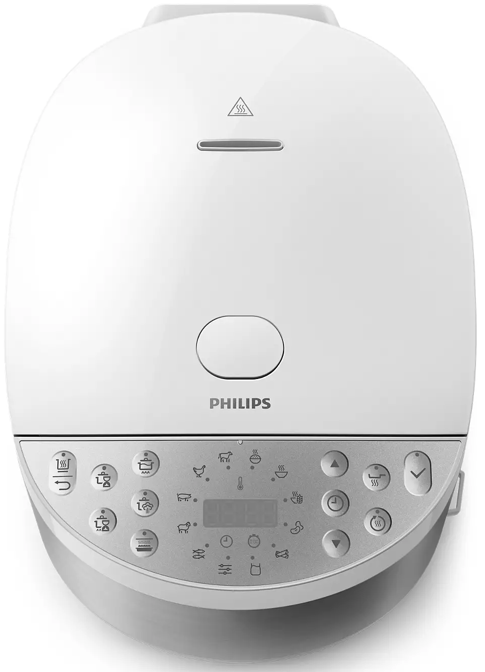 Fehér Philips rizsfőző, felülnézet, vezérlőpanellel és kijelzővel.