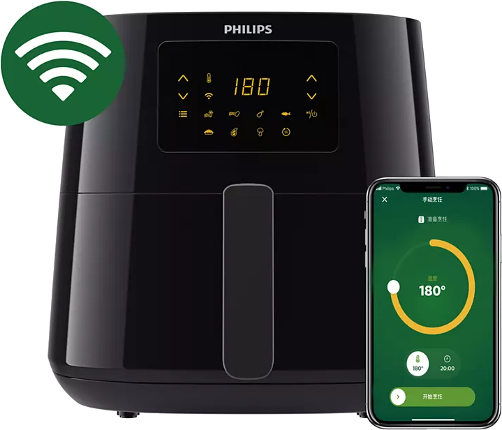 Fekete Philips légkeveréses sütő, 180 fokos digitális kijelzővel. Okostelefonon alkalmazás felülete látható.