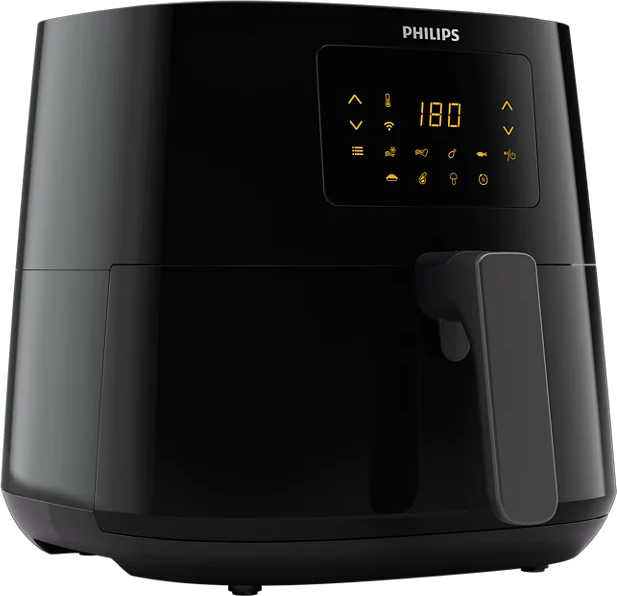 Fekete Philips légkeveréses fritőz. A digitális kijelző 180 fokot mutat. Fogantyú jobbra. Karcsú, modern dizájn.