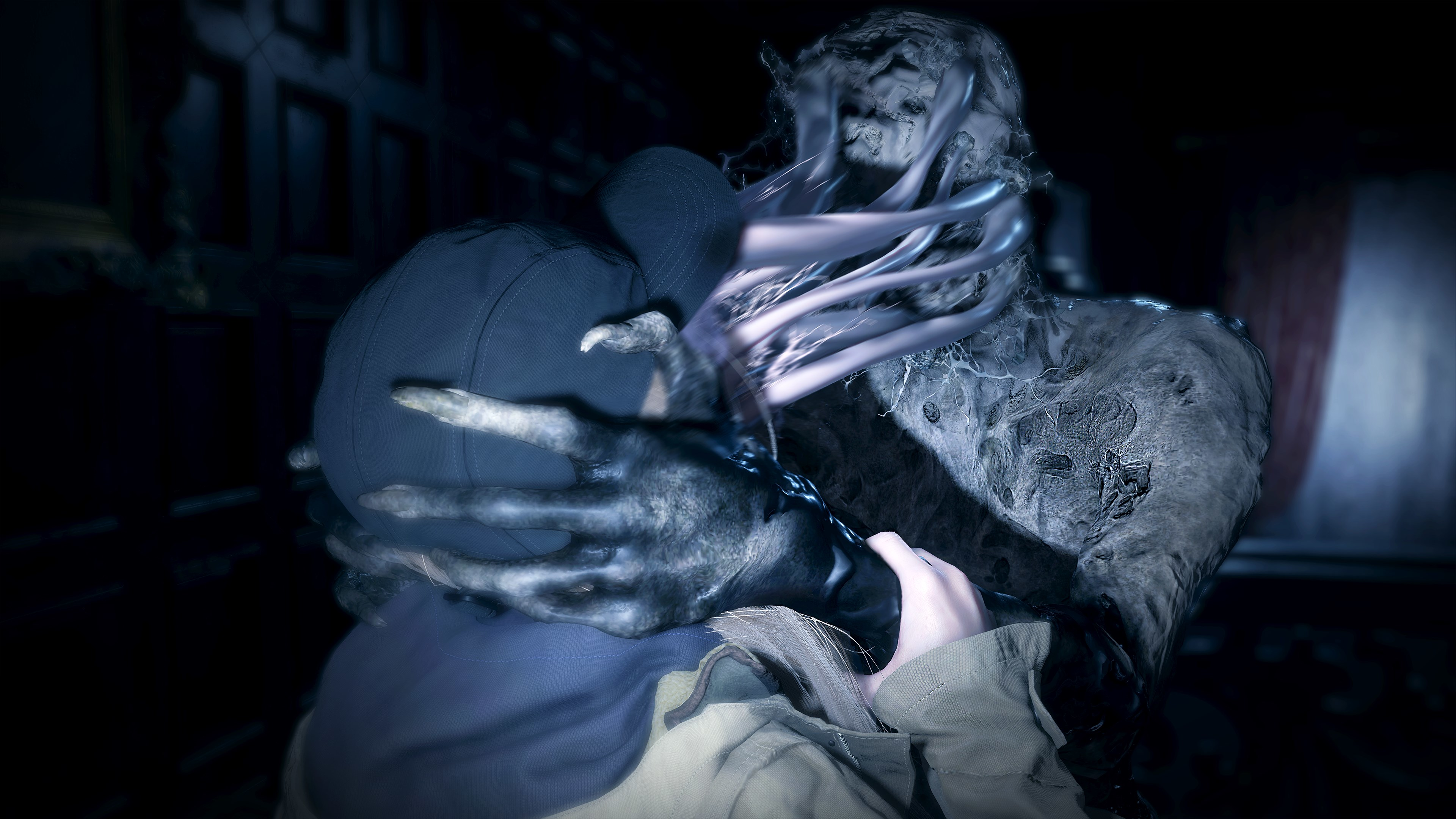 Ein Monster mit einer Person. Das Monster hält die Person. Der Hintergrund ist dunkel.