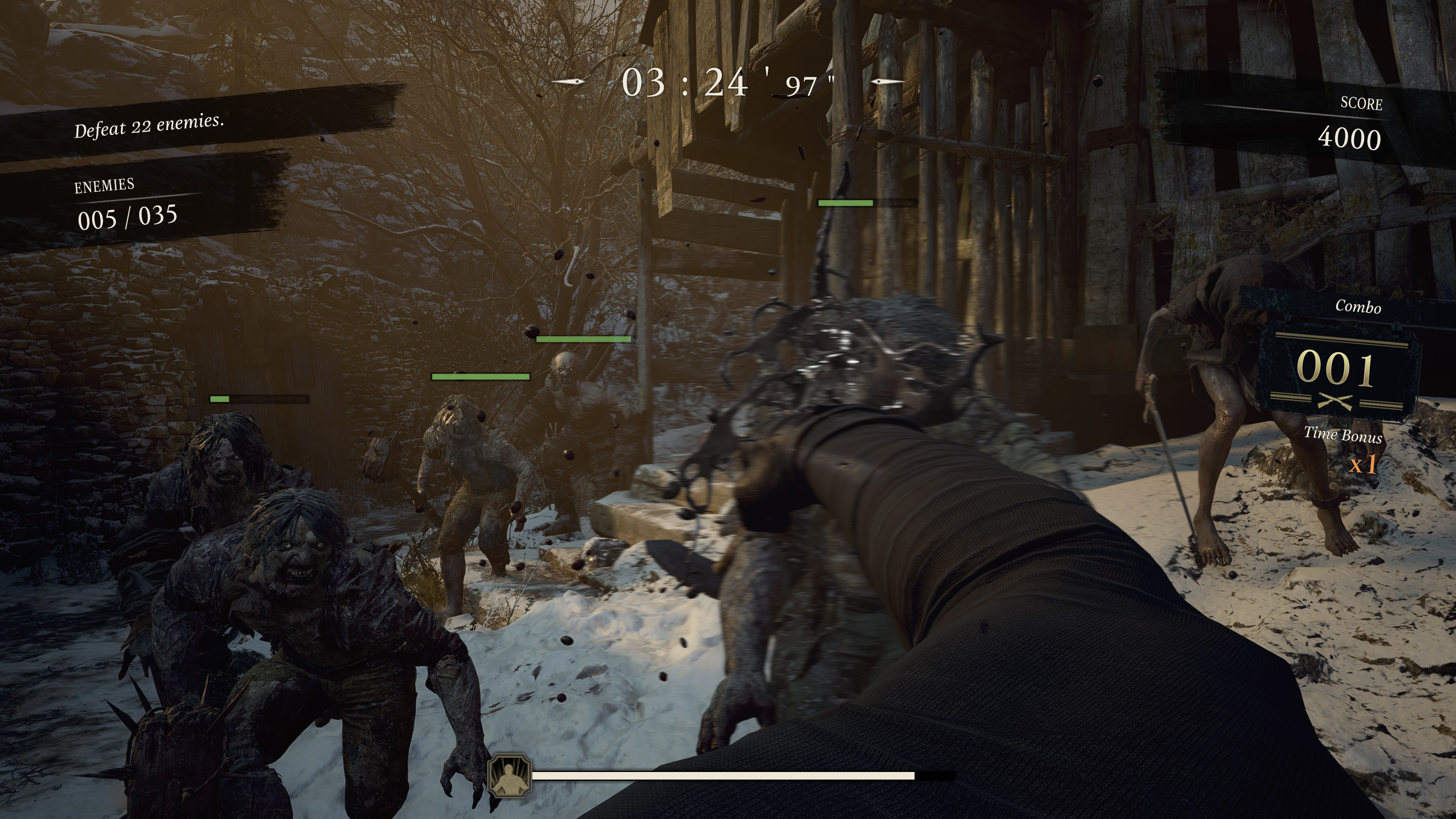 Videospielszenen: ein Spieler schießt auf Zombies in einer verschneiten, hölzernen Umgebung.