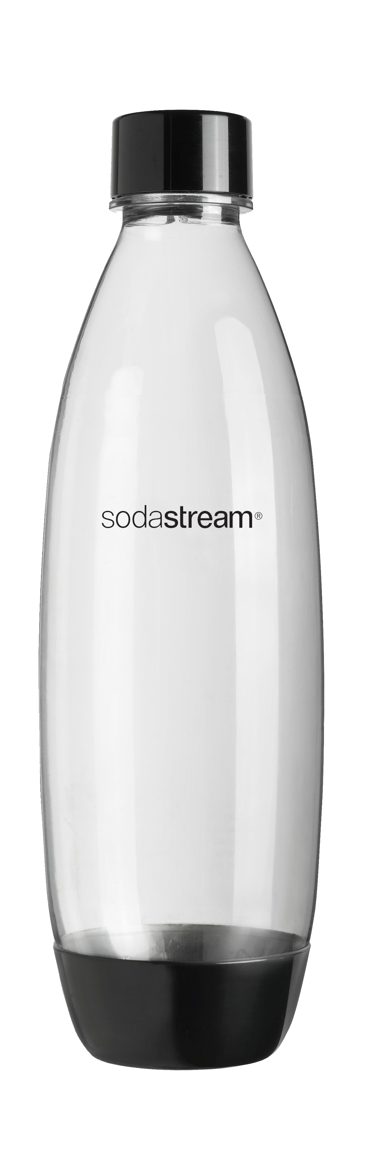 Eine transparente SodaStream-Flasche mit schwarzem Boden und Deckel, isoliert auf weißem Hintergrund.