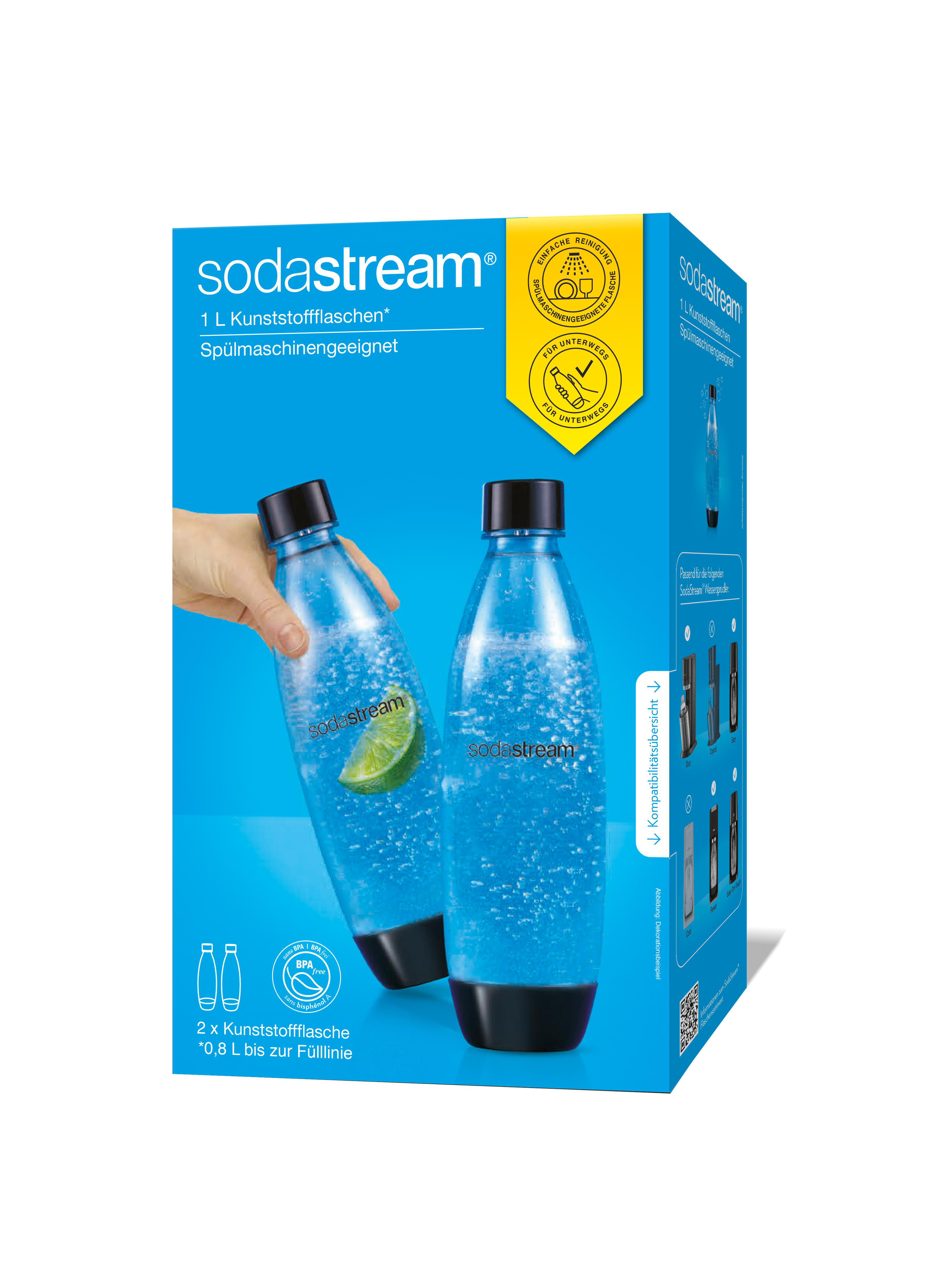 Karton mit zwei Sodawasserflaschen, eine mit Limettenscheibe darin.