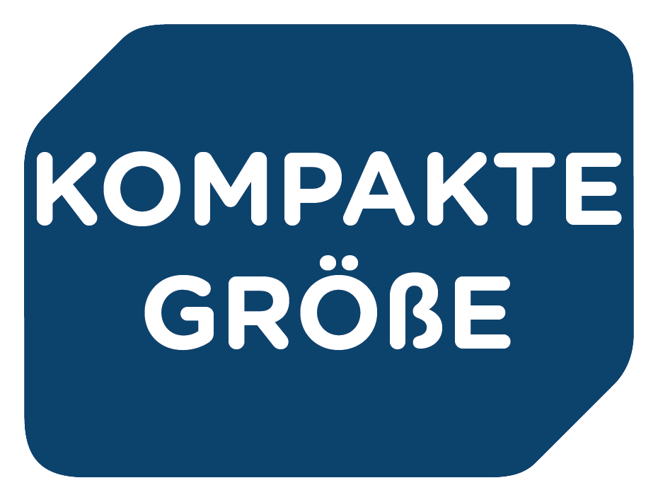 Ein blaues Rechteck mit dem Text: KOMPAKTE GRÖßE in Weiß.