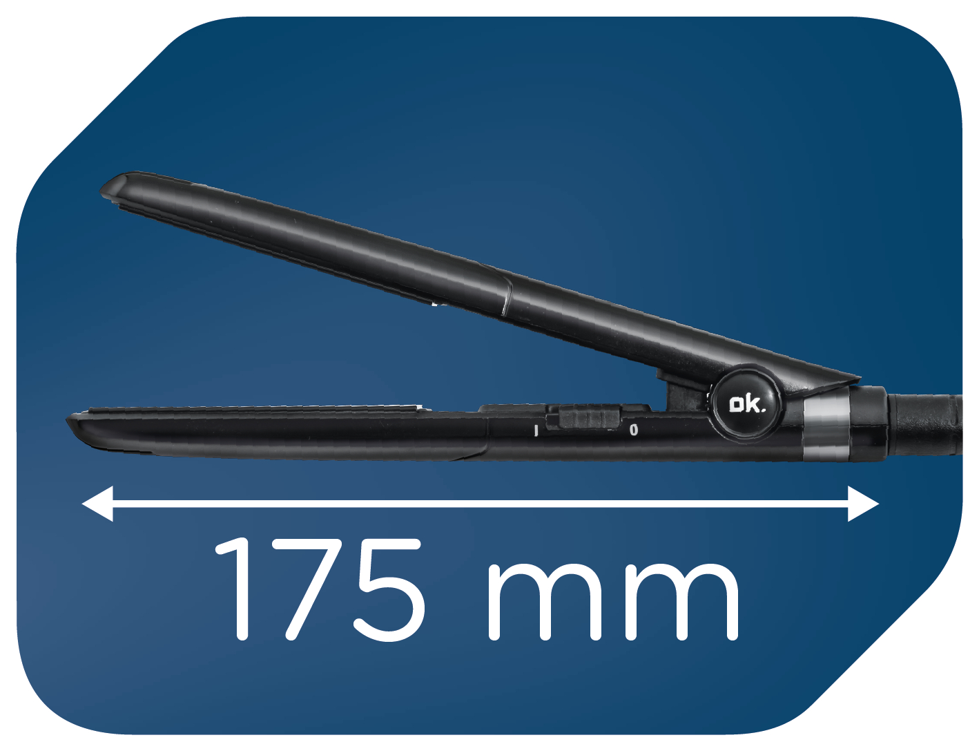 Schwarzer Haarglätter mit geöffneten Platten und einer Messung von 175 mm auf blauem Hintergrund.