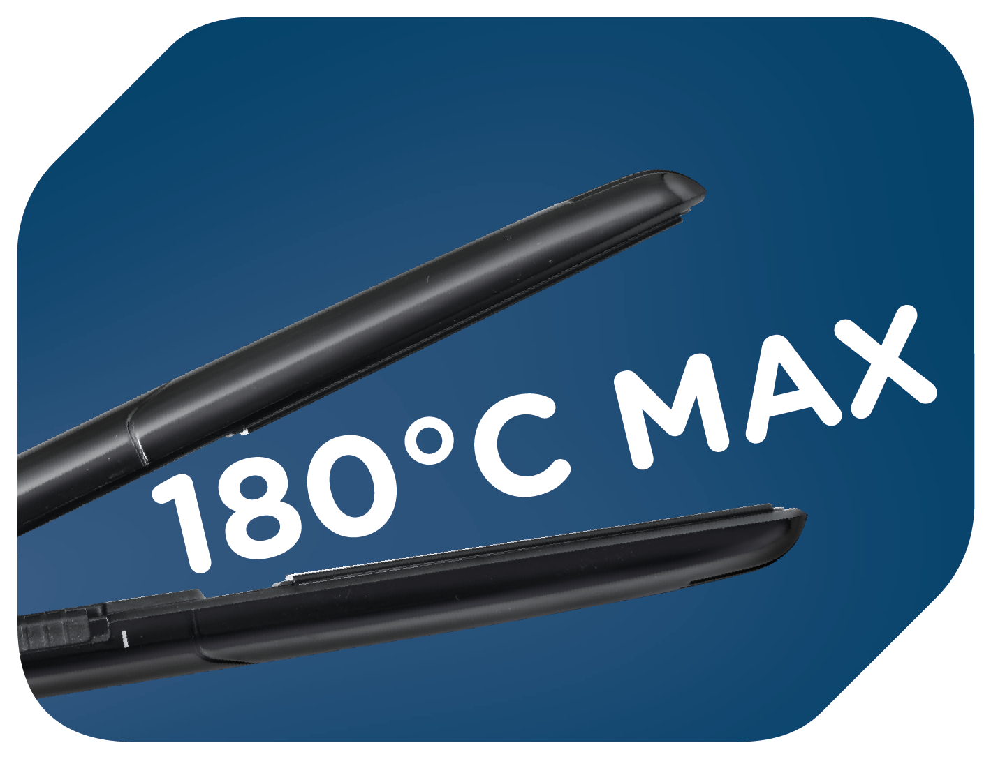 Ein Glätteisen mit schwarzen Platten und dem Text "180°C MAX" auf blauem Hintergrund.
