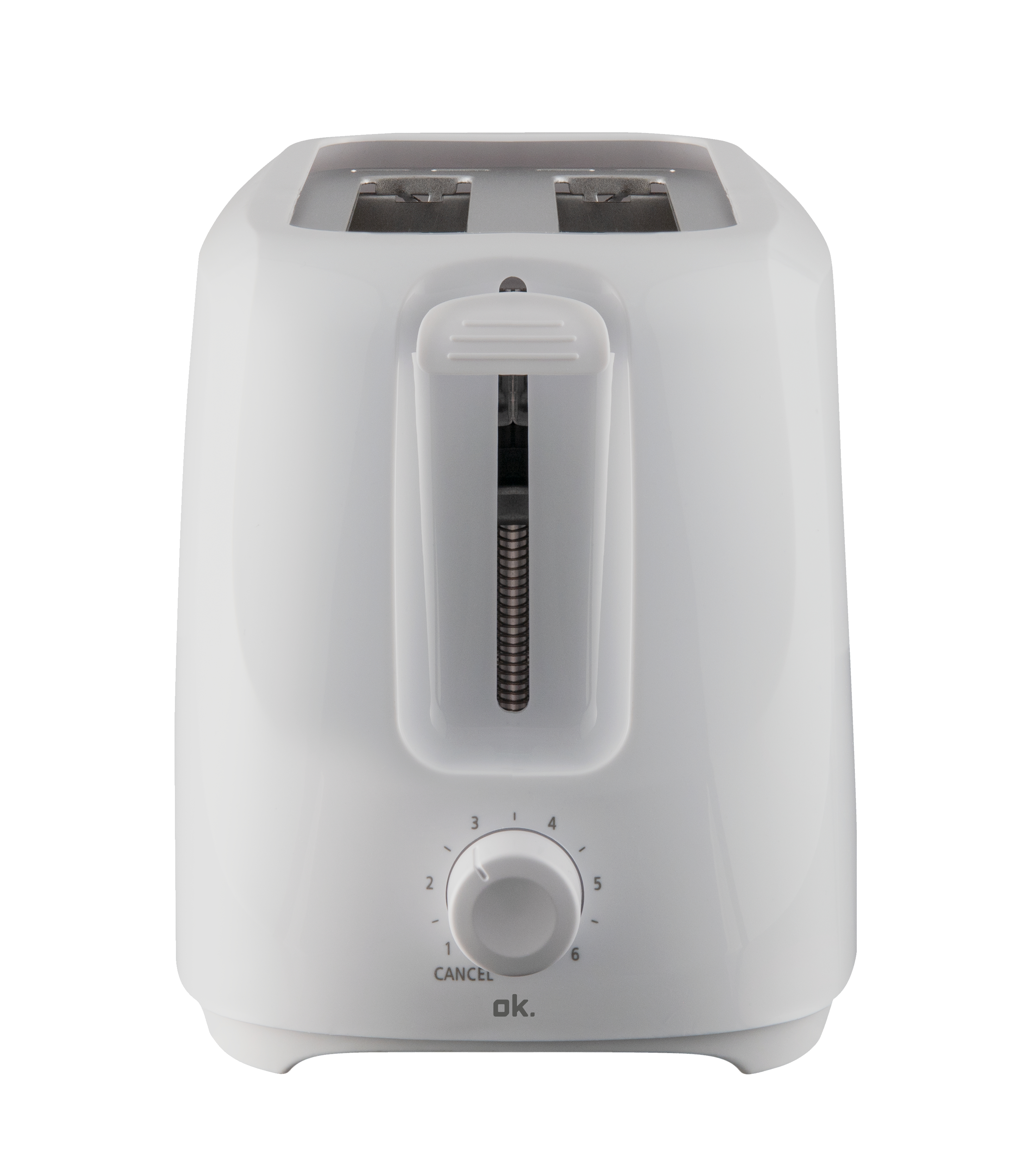 Weißer Toaster mit einem Drehknopf von 1-6 und einer Abbruchtaste. Isoliert auf weißem Hintergrund.