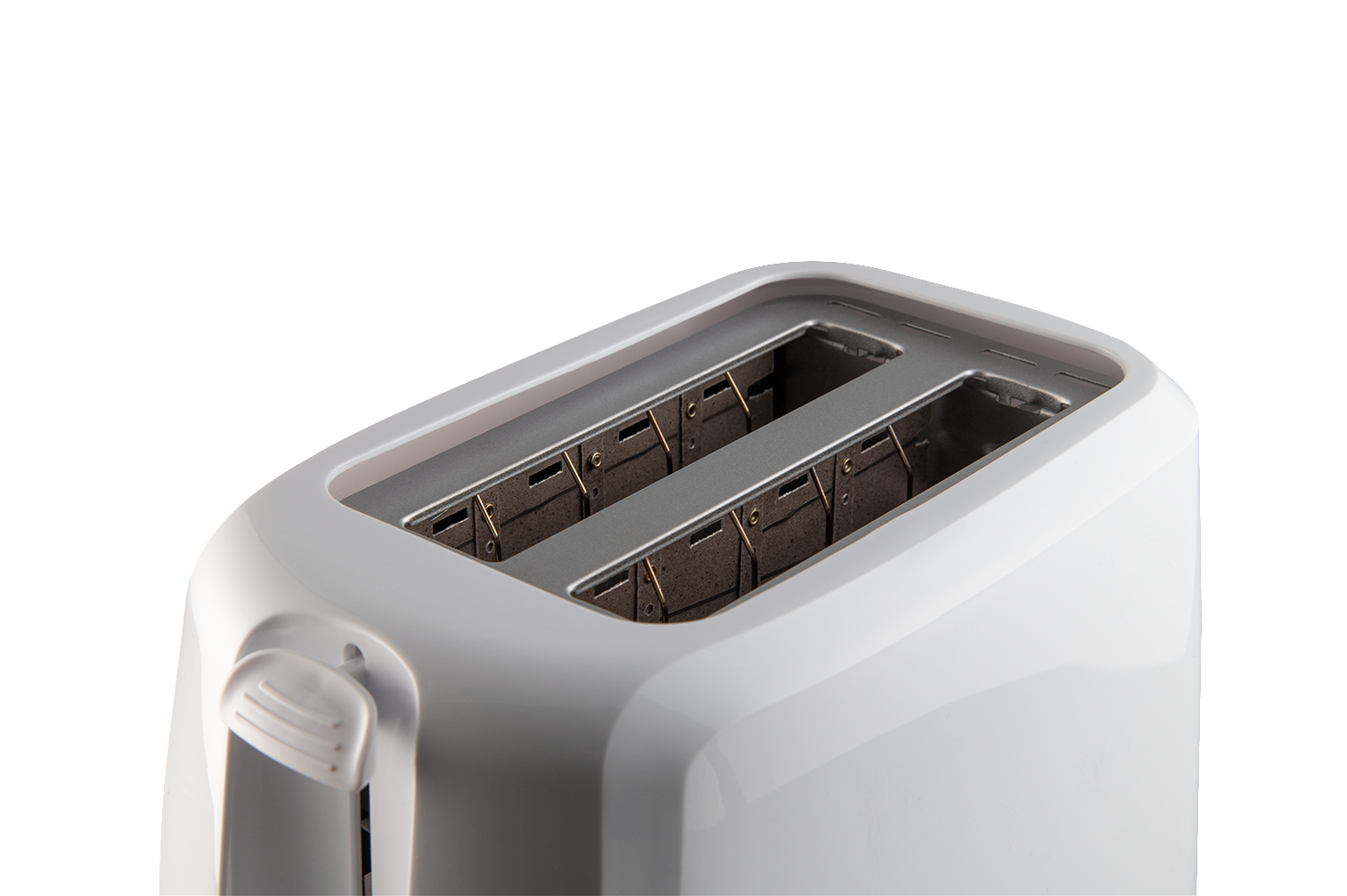 Nahaufnahme eines weißen Toasters mit zwei Schlitzen.
