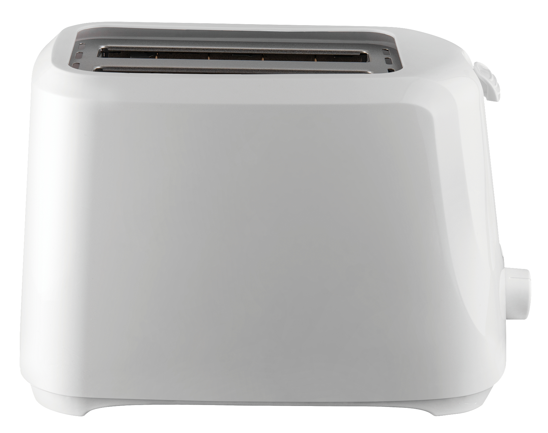 Weißer Toaster, Seitenansicht. Er hat Schlitze für Brot. Er steht auf einer weißen Oberfläche.