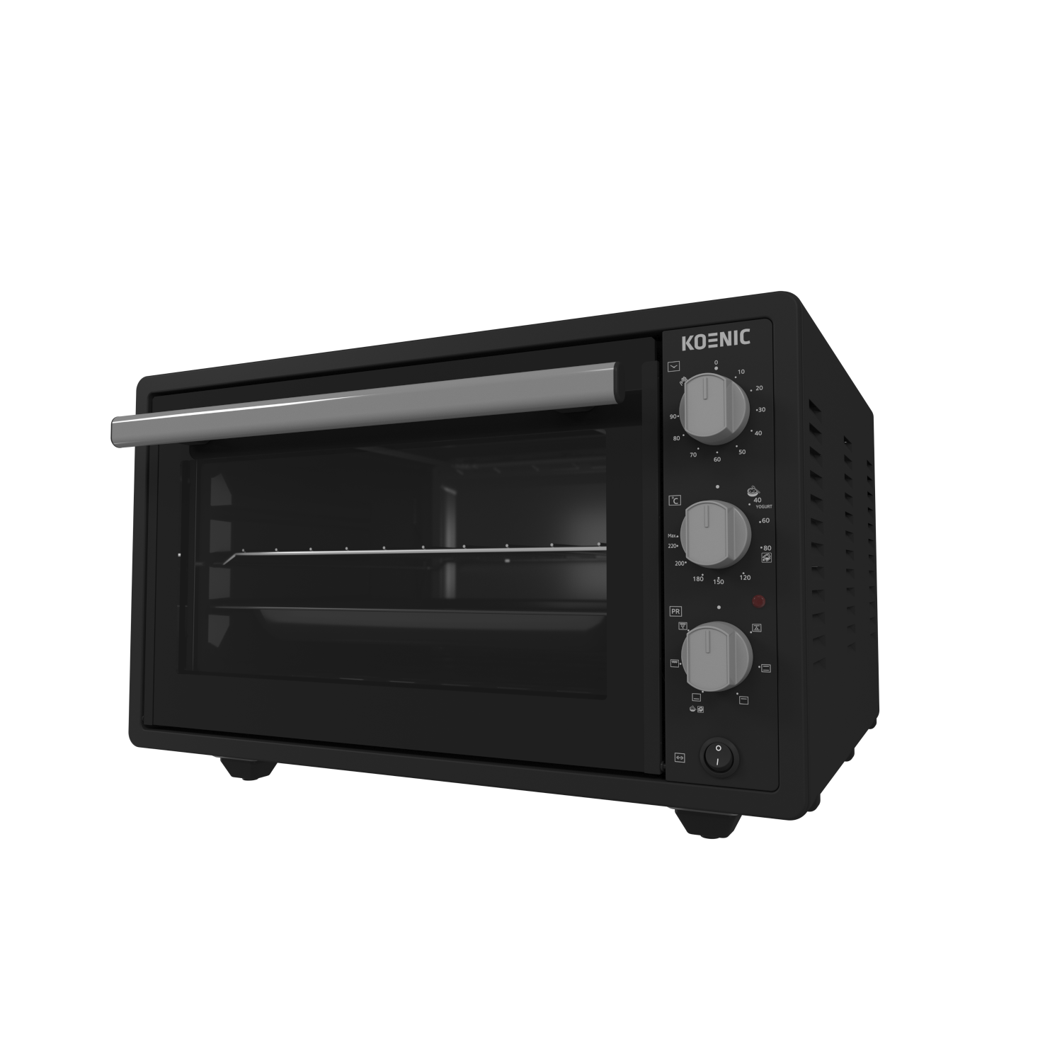 A black Koenic oven with controls on the right side, isolated on a dark background.