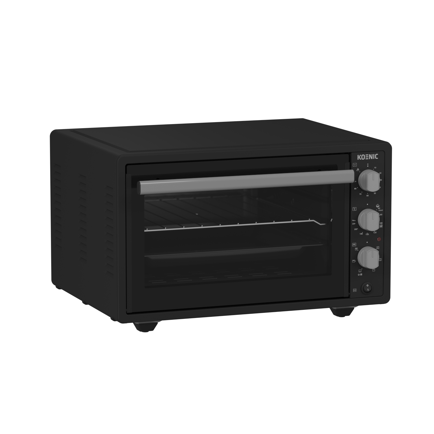 A black Konig oven with glass door, control knobs, and a silver handle.