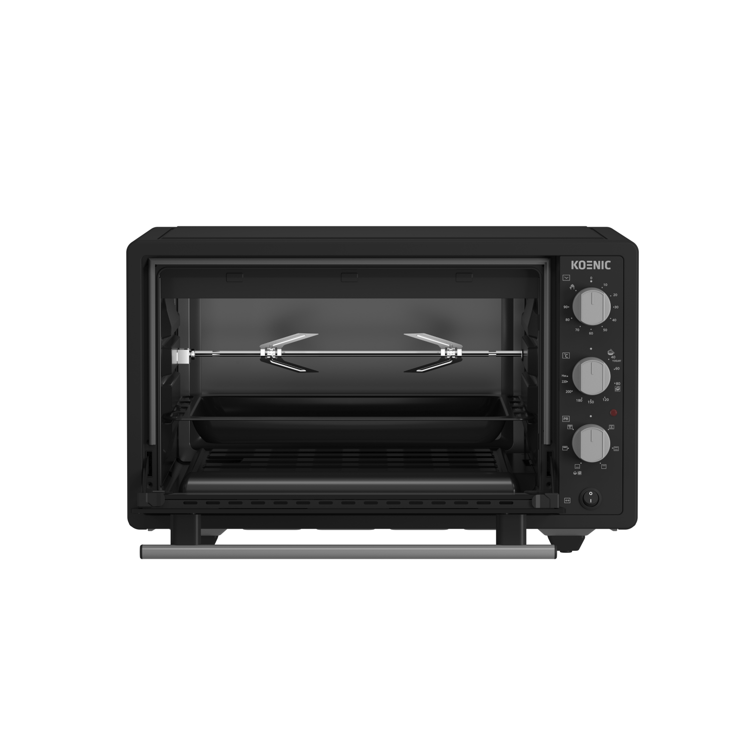 Black oven with door open, interior visible, with two racks and a rotisserie.