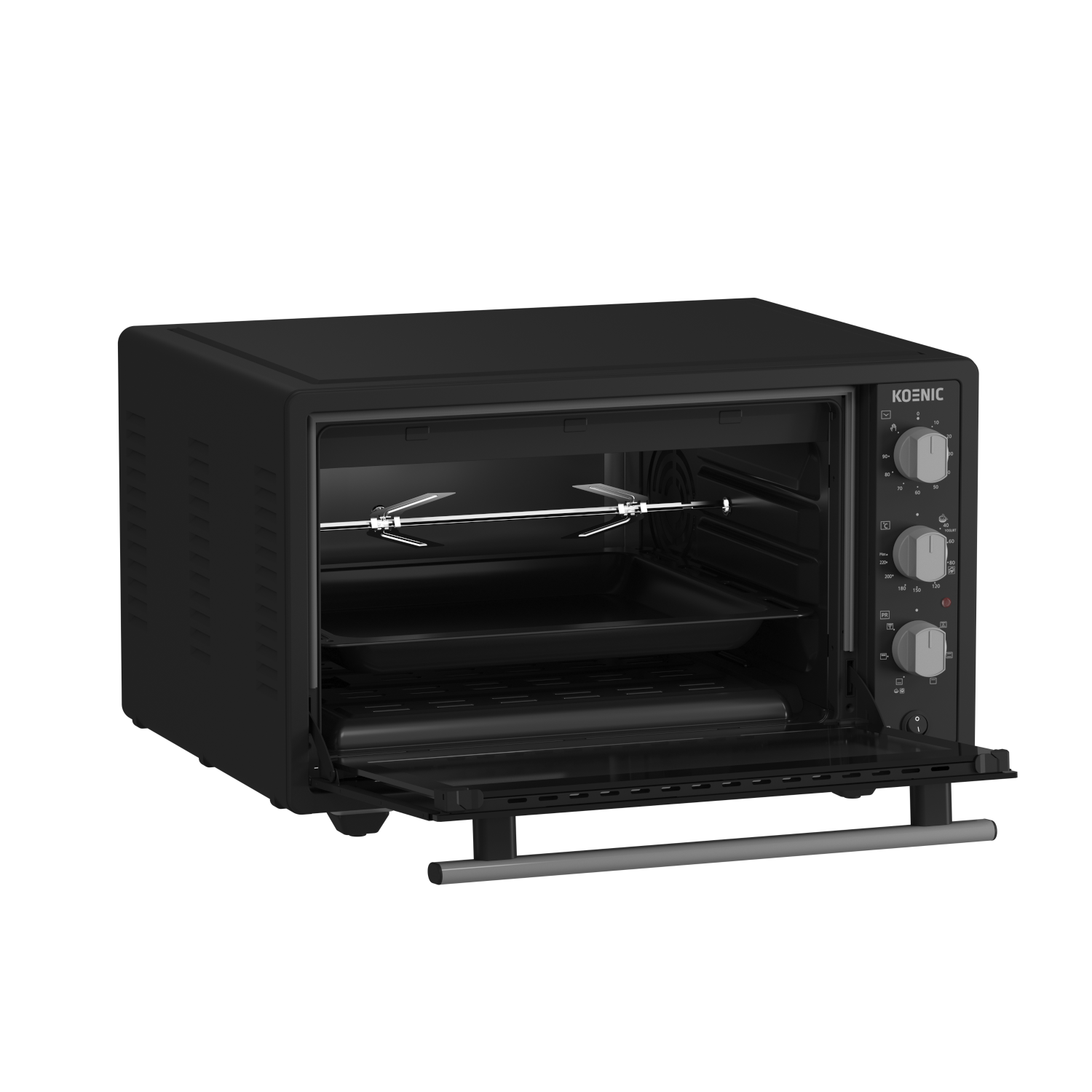 Black Koenic oven with open door, showing interior with rotisserie and tray.
