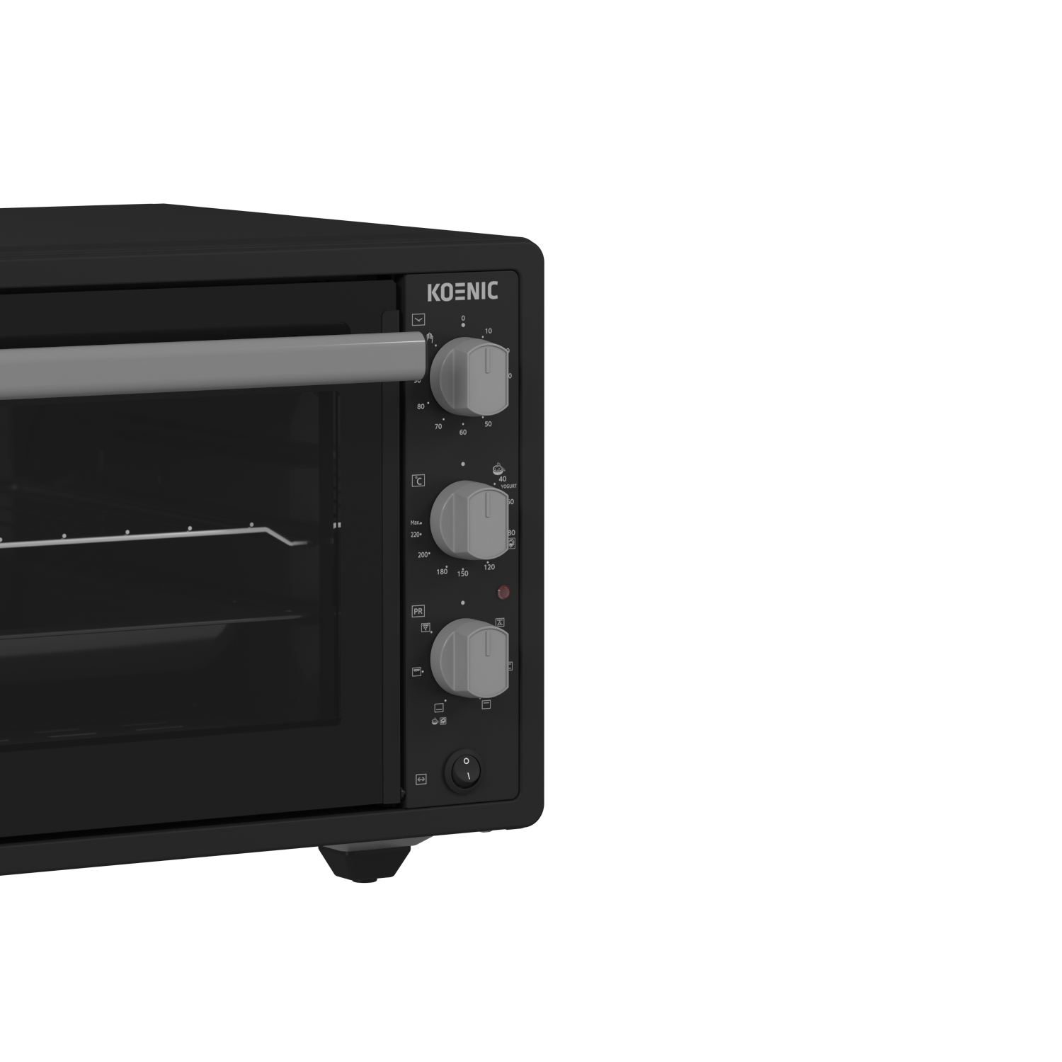 Black Koenic oven, control knobs on the right, black background. Left side view.
