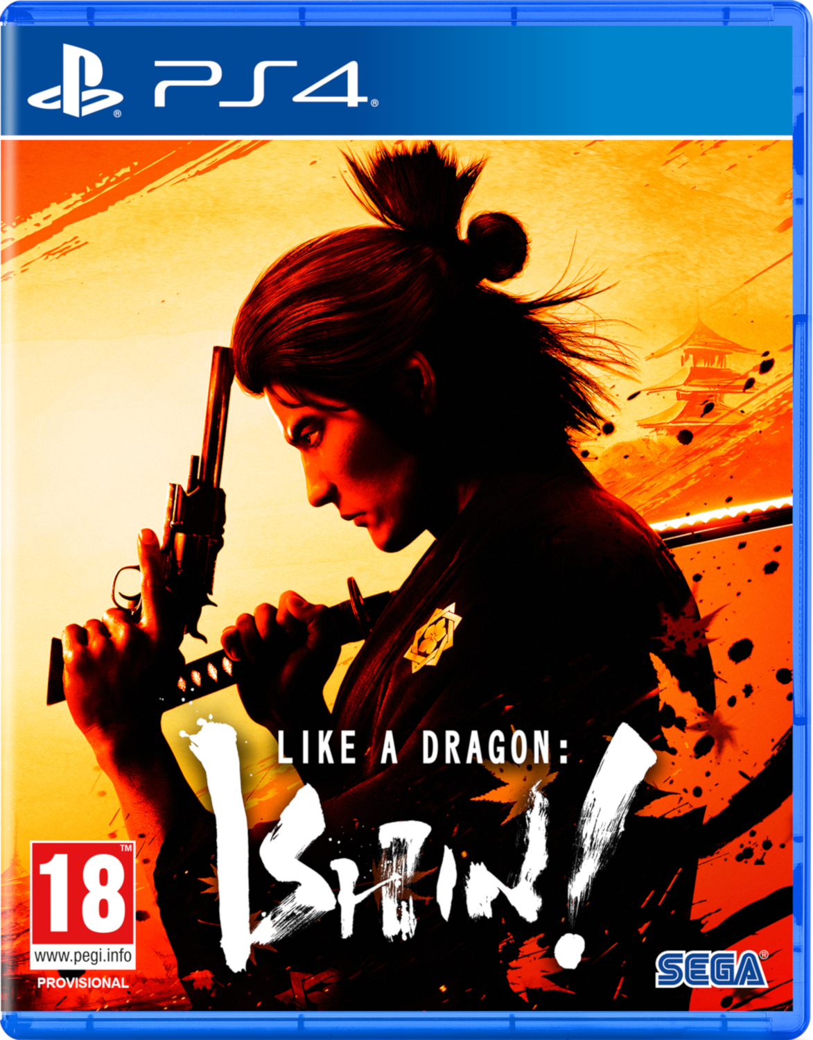 Boîtier de jeu PS4 avec un homme tenant une arme et une épée. Le titre est Like a Dragon: Ishin!.