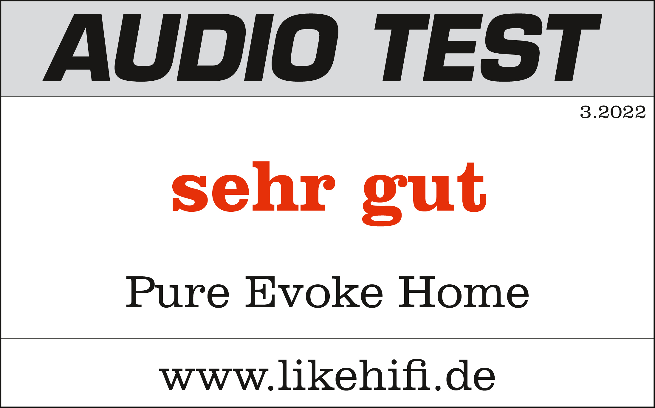 Une étiquette de résultat de test avec « sehr gut » et www.likehifi.de.