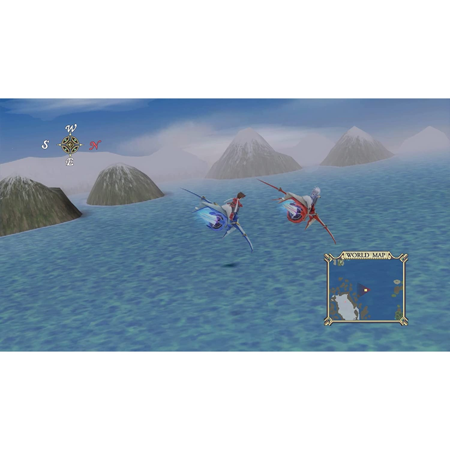 Dos figuras en vehículos voladores sobre un mar azul, con montañas de fondo y un mapa.