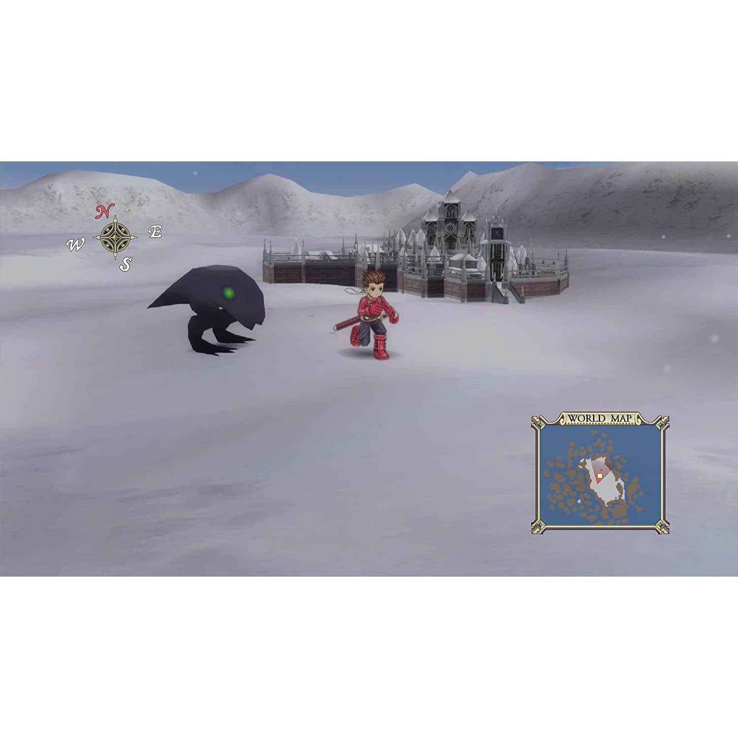 Una escena de videojuego en 3D. Un personaje corre por un campo nevado. Un castillo y mapa a lo lejos.