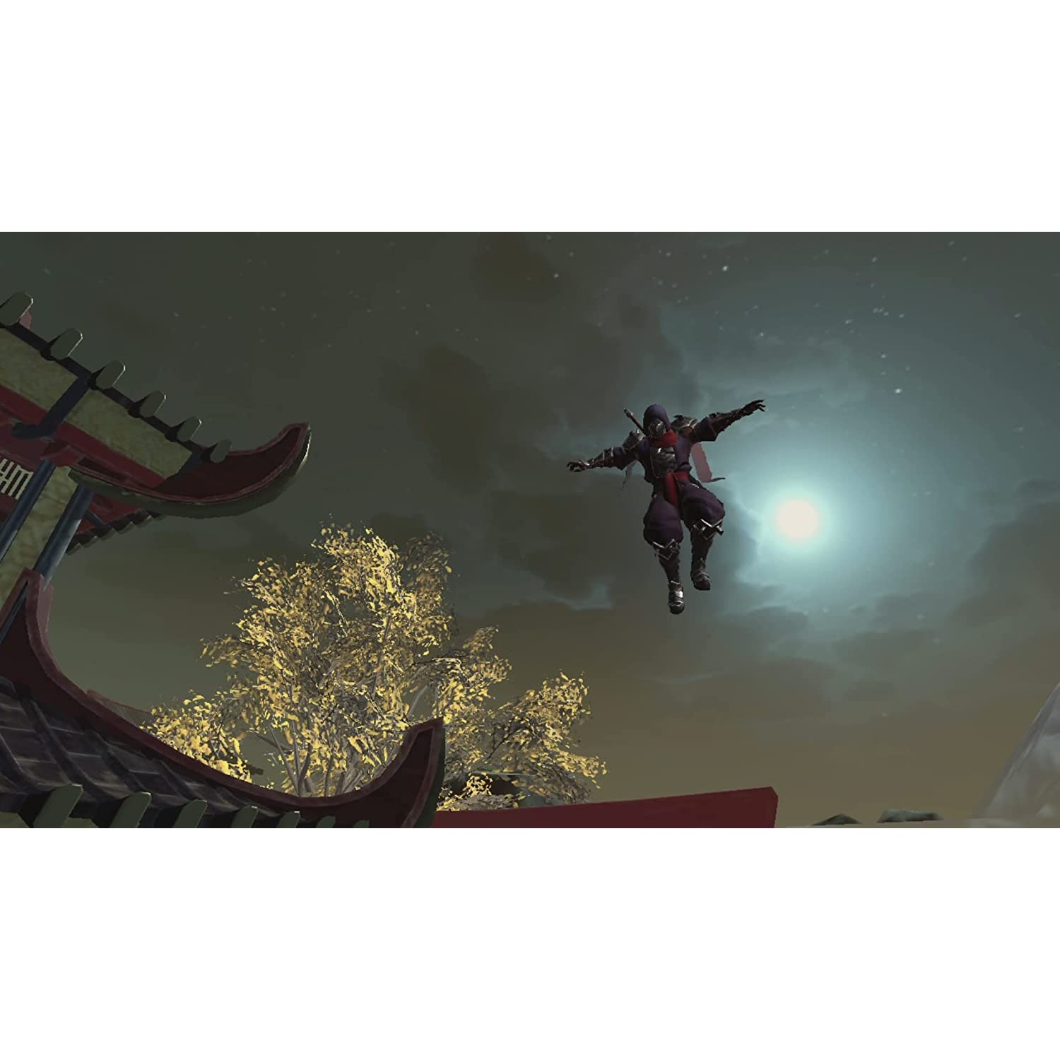 Un ninja con traje rojo salta en el aire sobre un edificio.