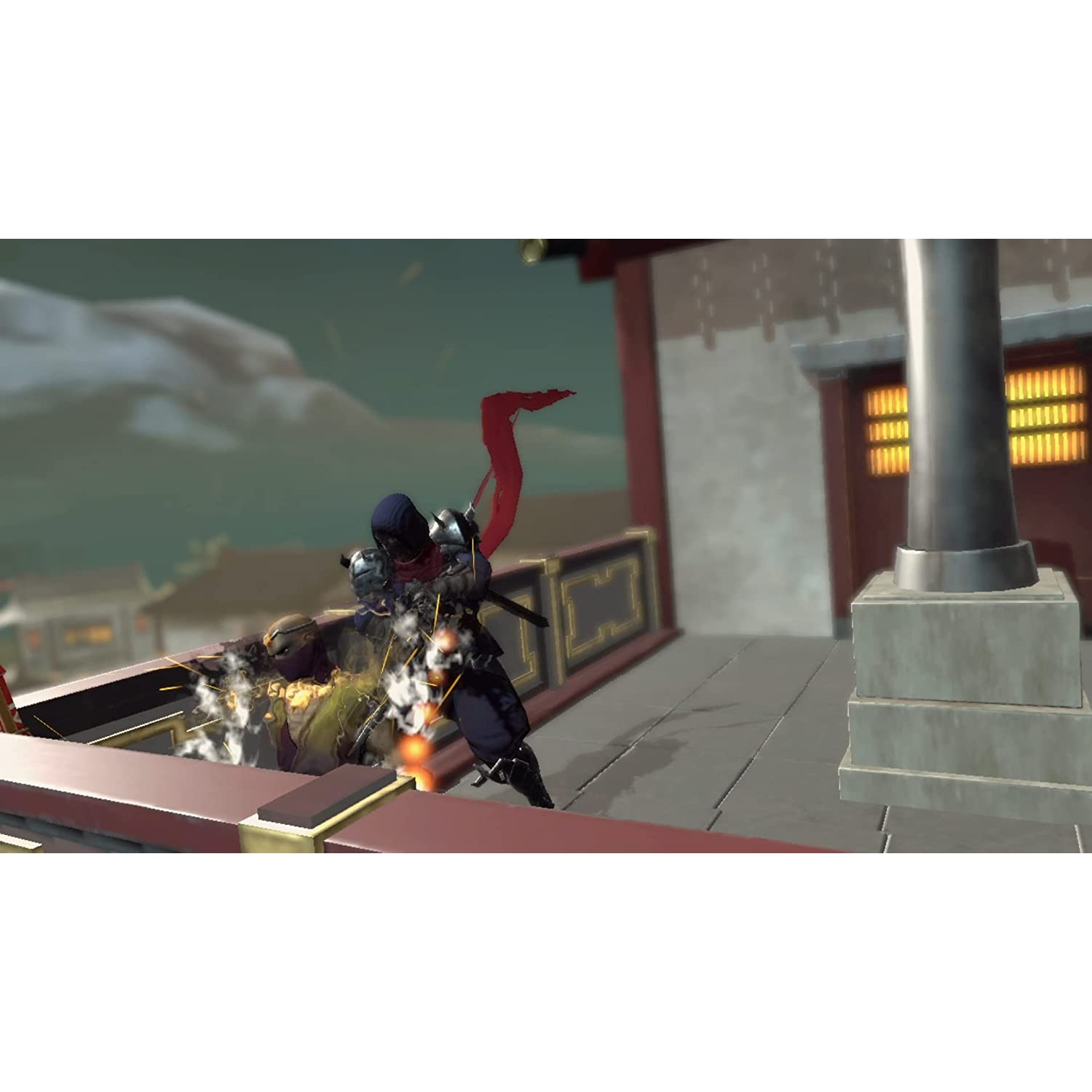 Escena de acción de videojuego. Un ninja ataca a un personaje con una espada en un edificio.