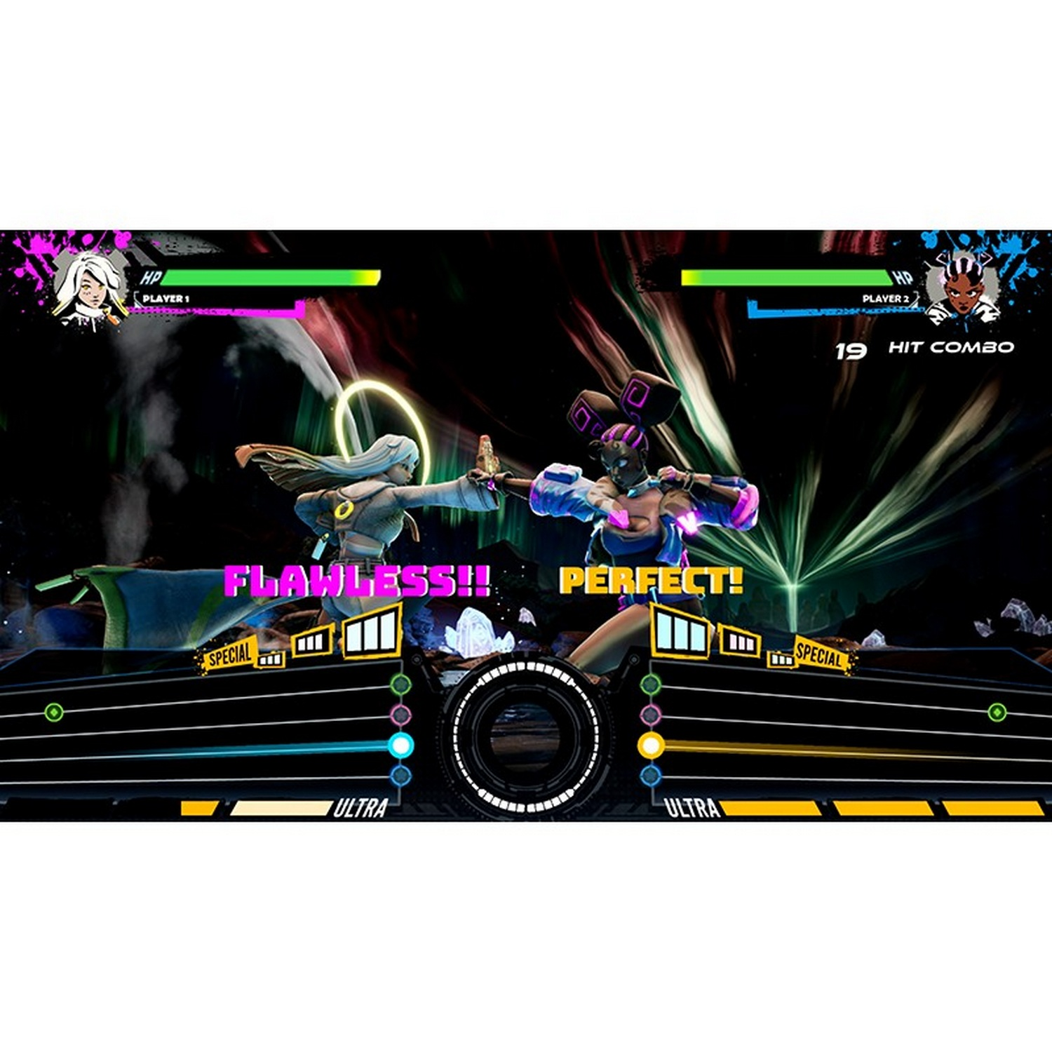 Dos personajes en un juego de lucha, con barras de salud y contador de combos. Texto dice "FLAWLESS!!" y "PERFECT!".