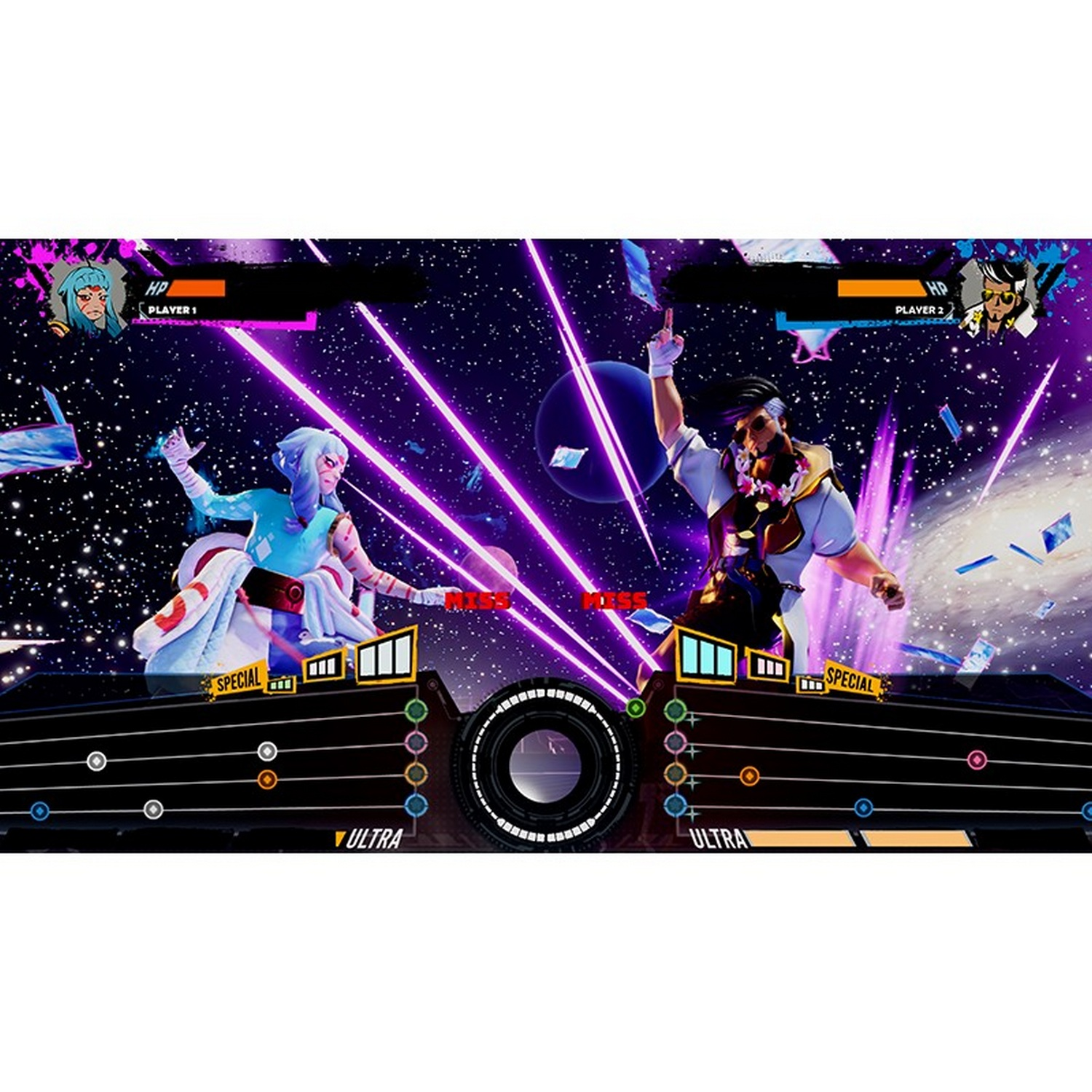 Escena de juego de lucha. Dos personajes de anime luchan en el espacio, con barras de salud arriba y una IU futurista.