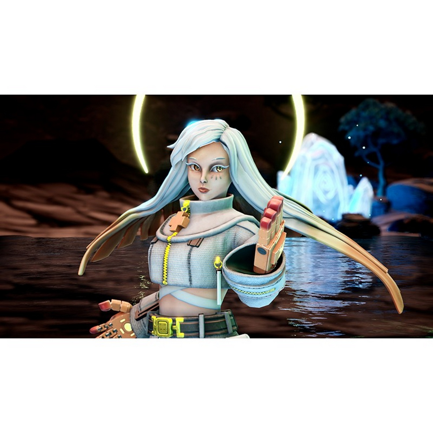 Un personaje de fantasía con pelo largo y blanco, alas de ángel y atuendo futurista.