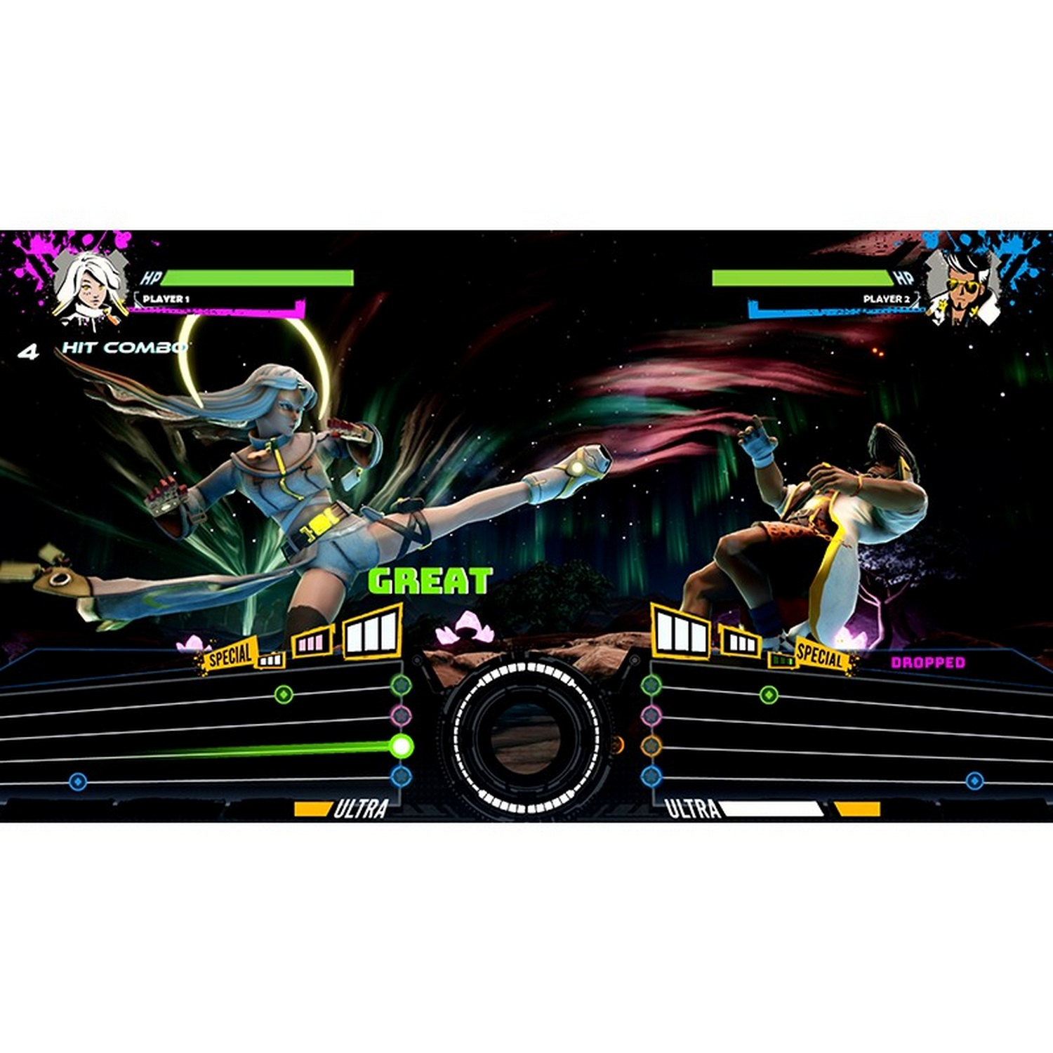 Una pantalla de videojuego con dos personajes luchando. Se muestra la palabra 'Great'.