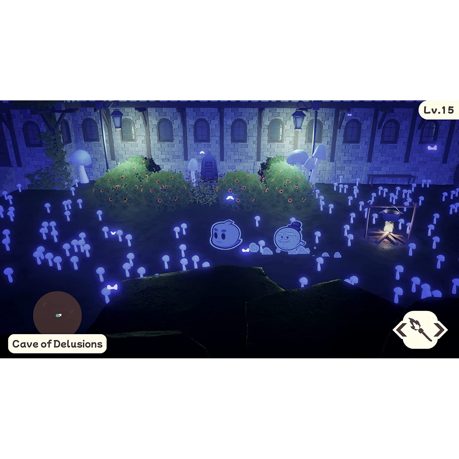 Una escena de videojuego con hongos brillantes y personajes de dibujos animados.