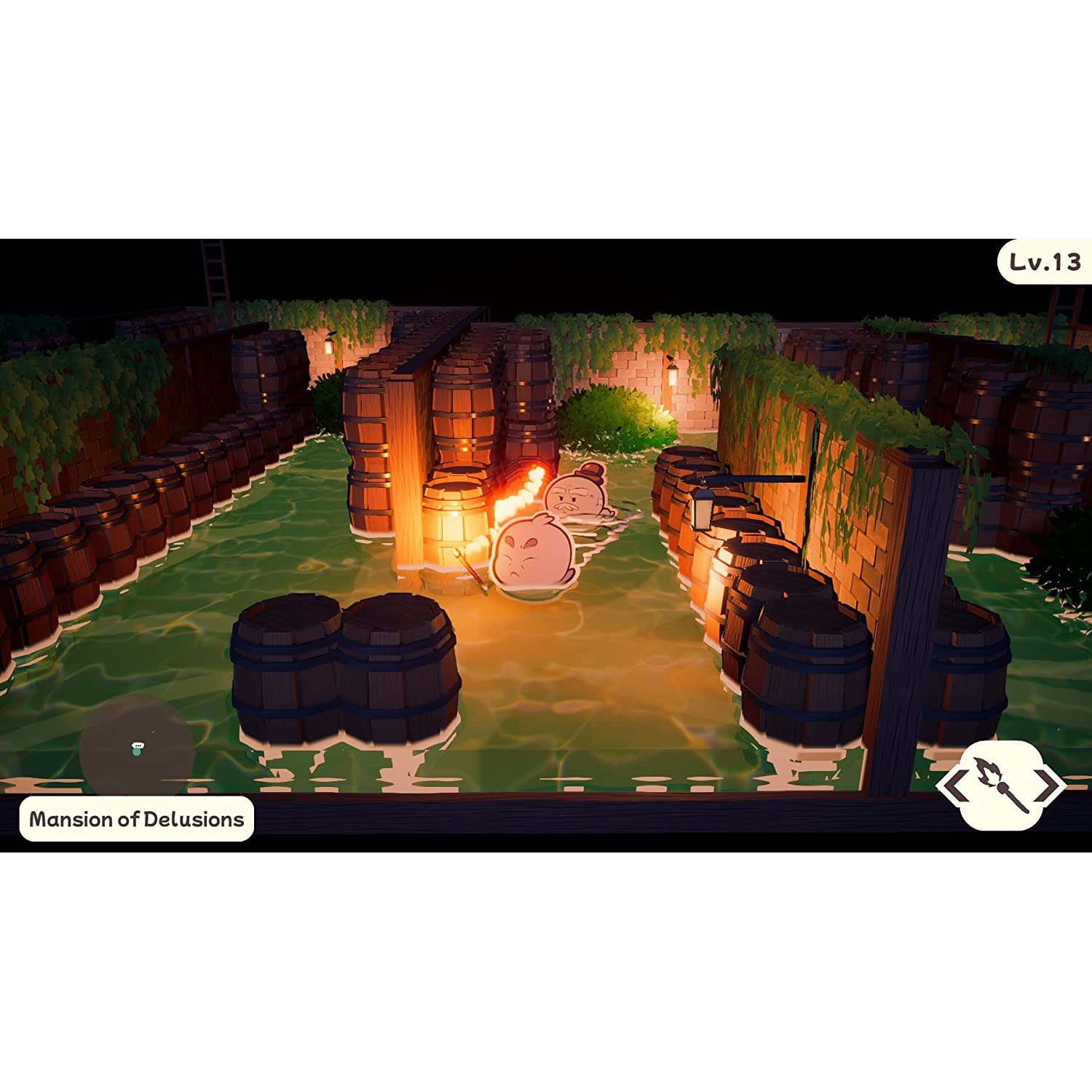 Una escena de juego con un entorno pixelado, personajes con llamas y barriles en el agua.