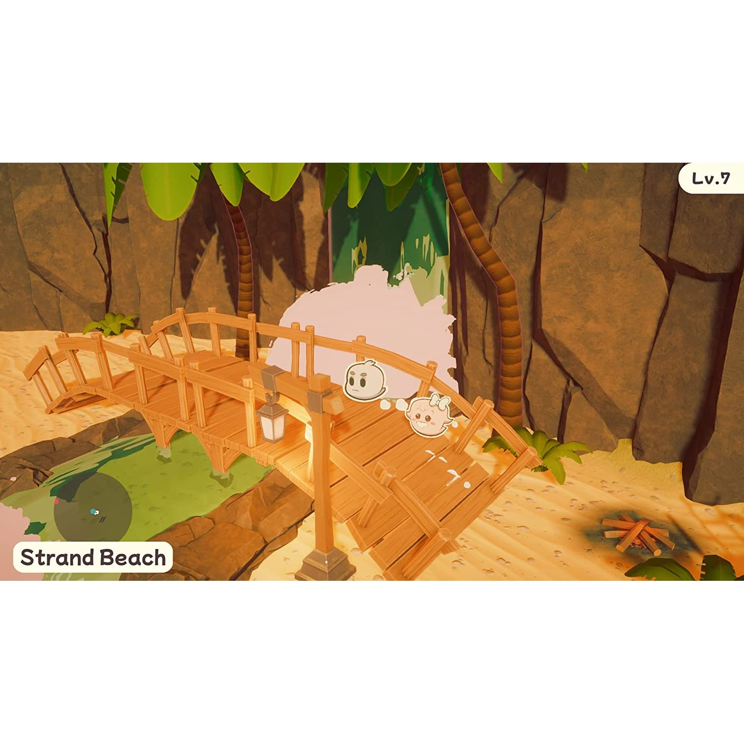 Escena de videojuego con un puente y personajes en una playa. Estilo de dibujos animados. Fondo verde y marrón.