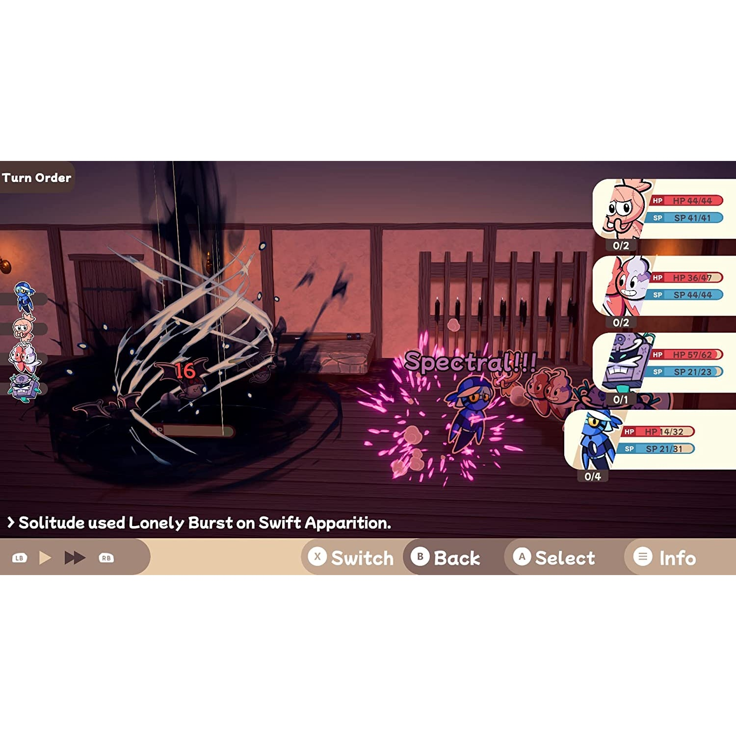 Una interfaz de videojuego. Los personajes luchan en una batalla por turnos. El texto indica acciones y el orden de turno.